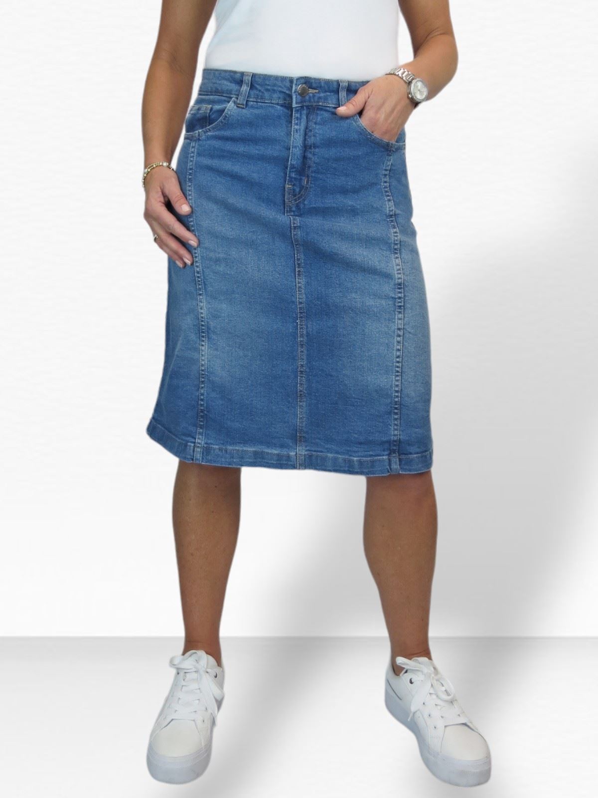 Ladies Stretch Denim A Line Jeans Skirt Knee Length Flared Pannel Skirt 10-22 - Picture 40 of 42