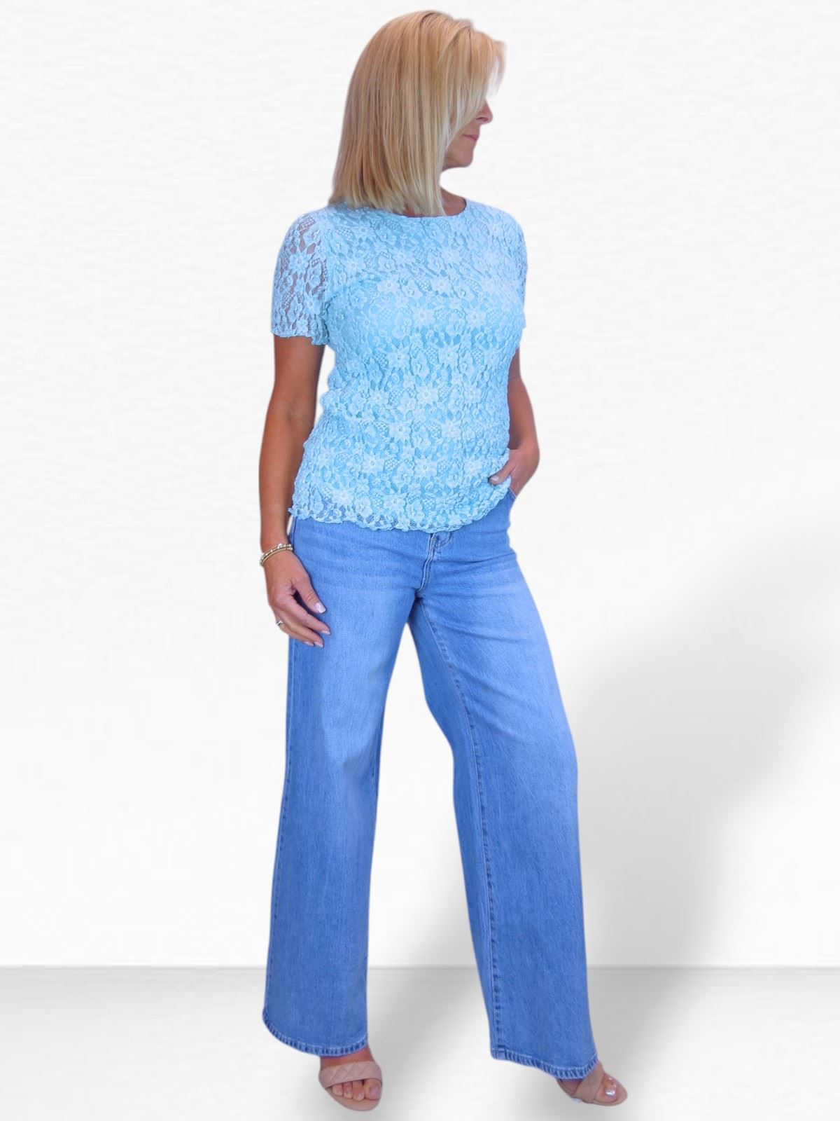 Ladies Stretch Denim Jeans High Waisted Pale Blue Wide Leg Crinkle Effect 10-20 - Picture 10 of 13