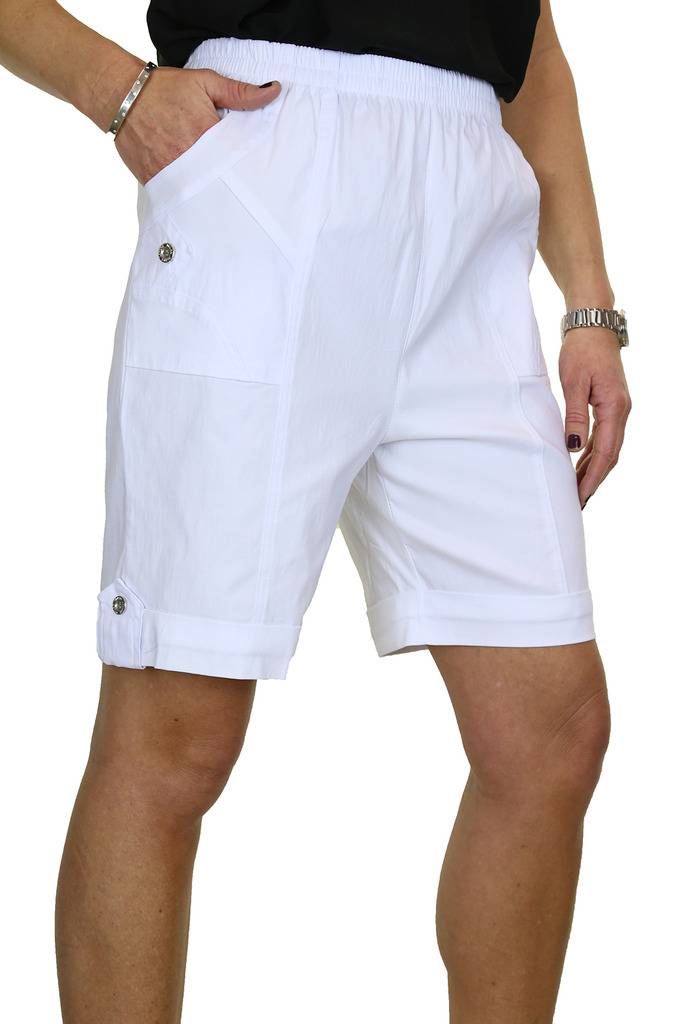 Womens Elasticated Waist Stretch Shorts Button Turn Ups Black NEW 8-20