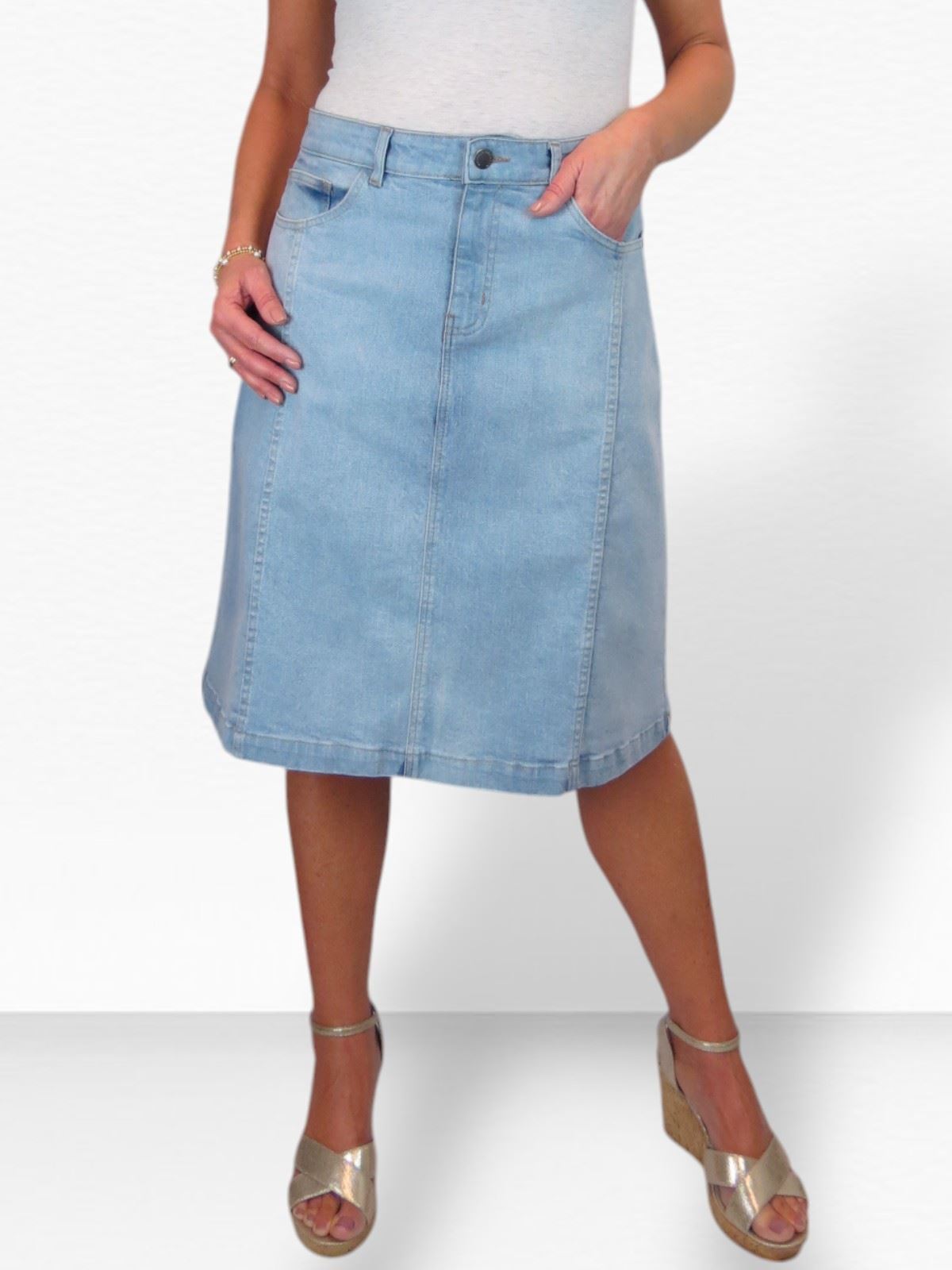 Ladies Stretch Denim A Line Jeans Skirt Knee Length Flared Pannel Skirt 10-22 - Picture 19 of 42