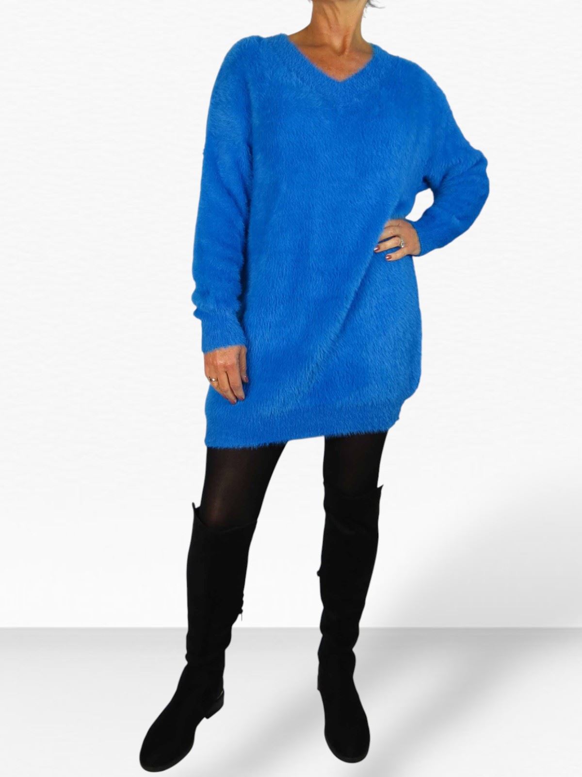 Damen Strick V Ausschnitt Pullover Kleid weich und kuschelig Strick Winterkleid Langarm - Bild 21 von 69