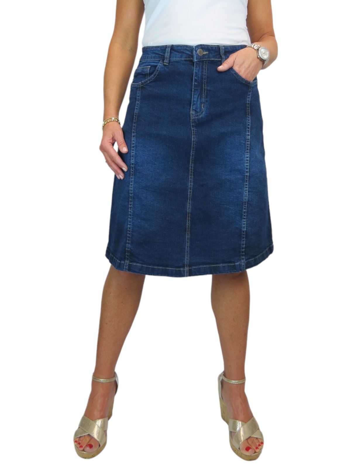 Ladies Stretch Denim A Line Jeans Skirt Knee Length Flared Pannel Skirt 10-22 - Picture 27 of 42