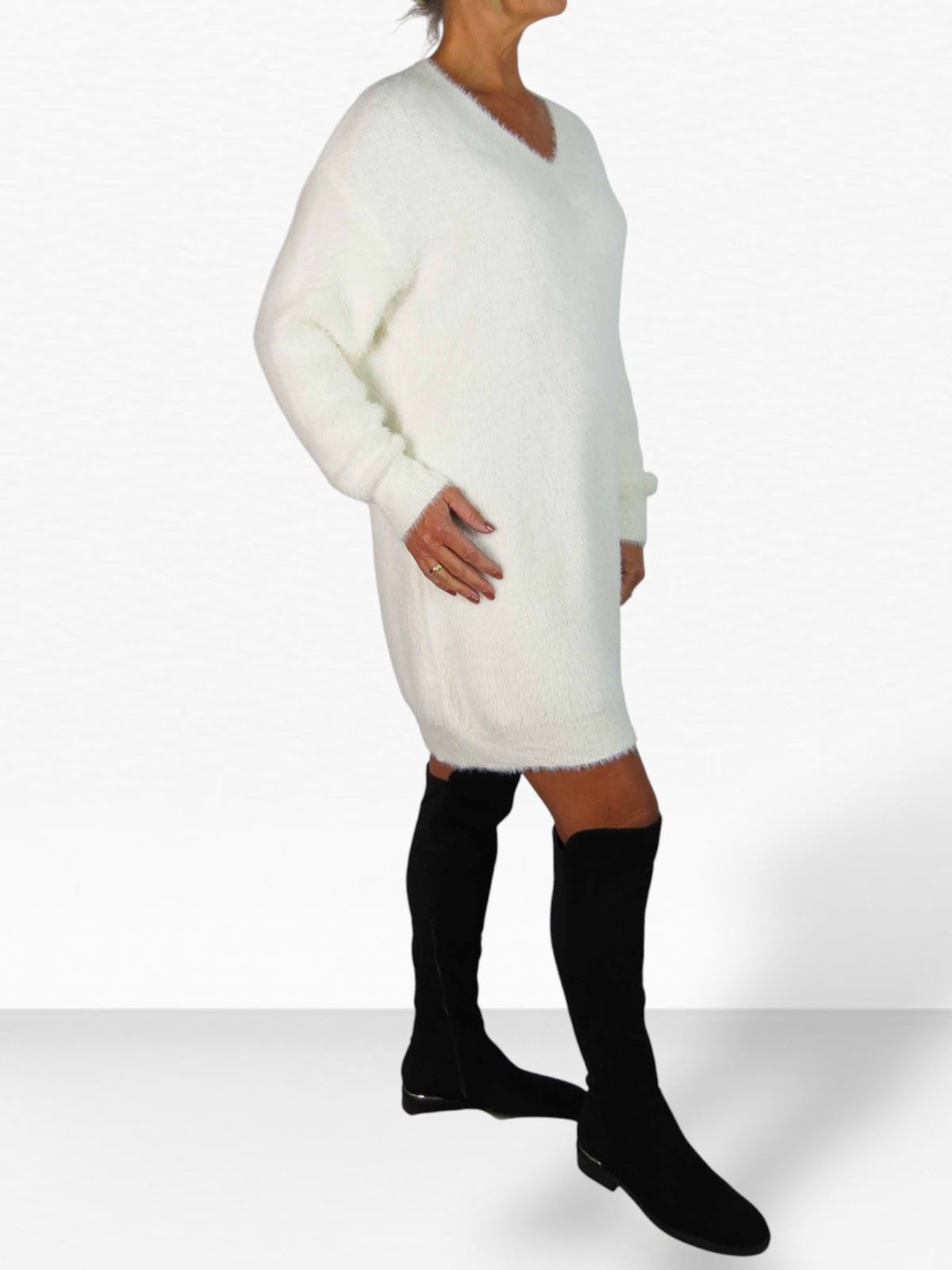 Damen Strick V Ausschnitt Pullover Kleid weich und kuschelig Strick Winterkleid Langarm - Bild 9 von 69