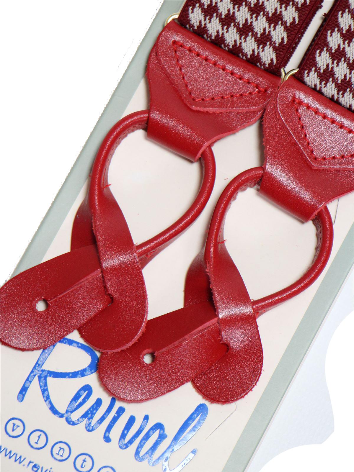 Mens Braces Retro 1940s Style Cranberry Red Dog Tooth Leather Loop