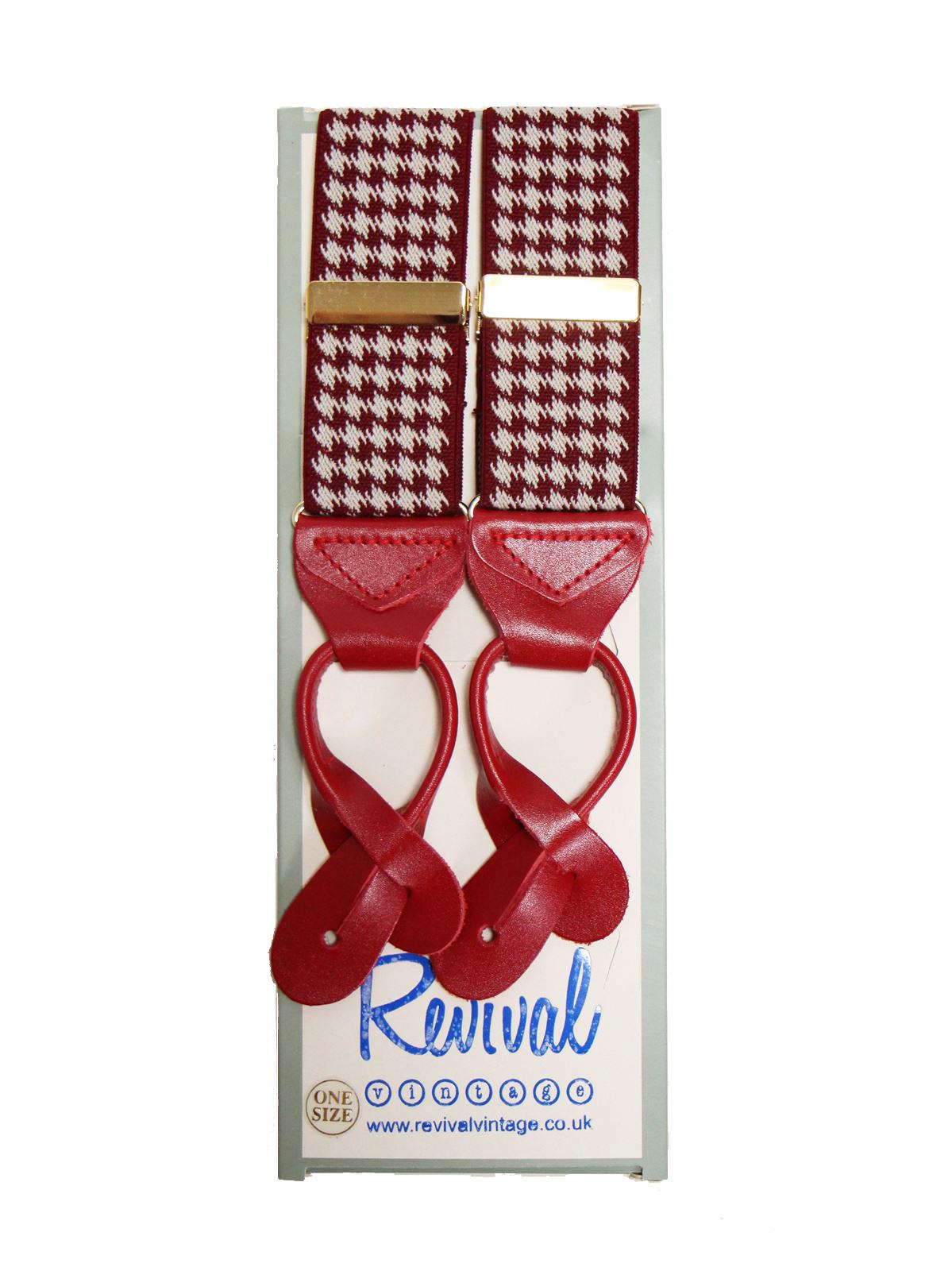 Mens Braces Retro 1940s Style Cranberry Red Dog Tooth Leather Loop