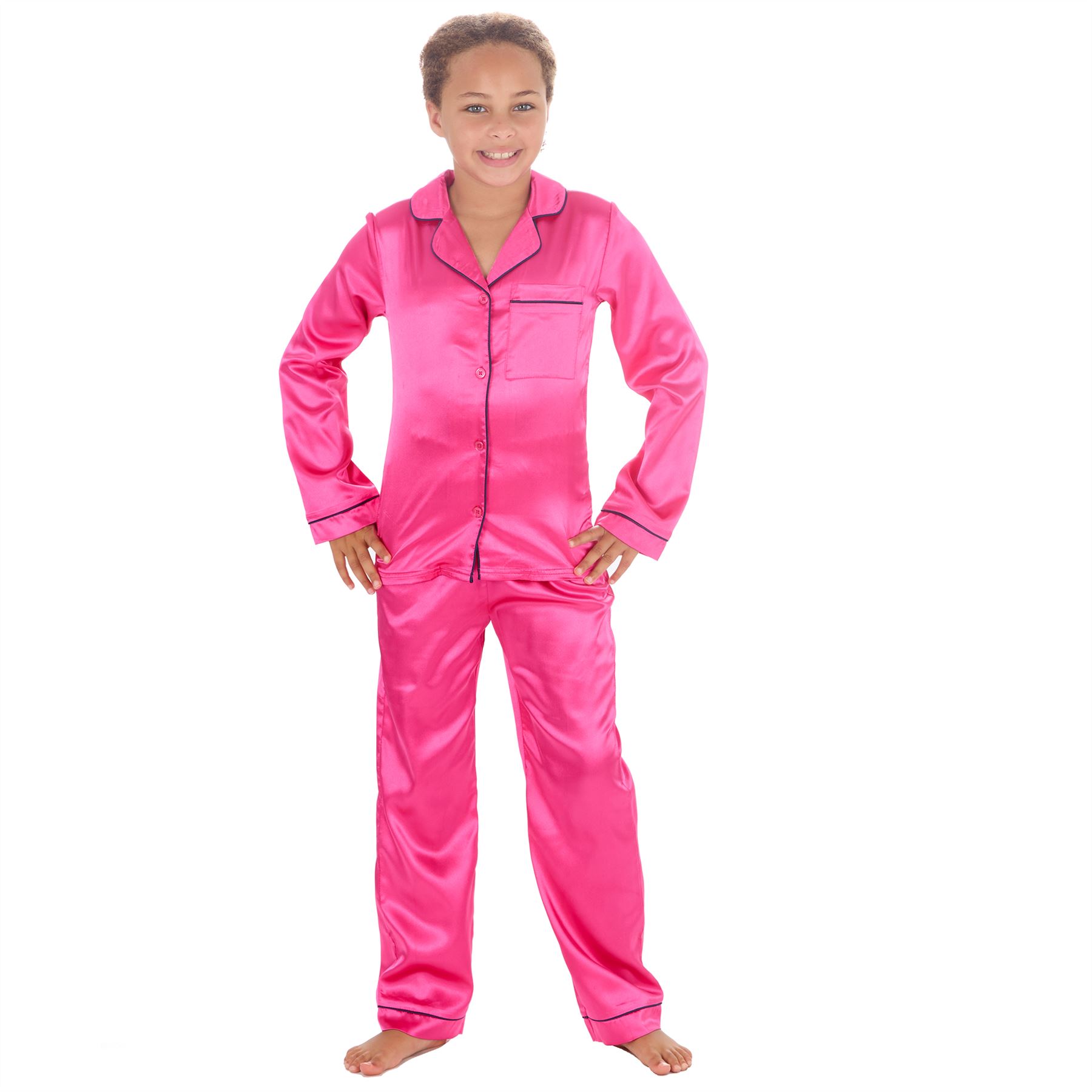 Girls Satin Long Pajamas Kids Long Sleeve Button Pajama Set PJs Nightwear - Picture 2 of 8