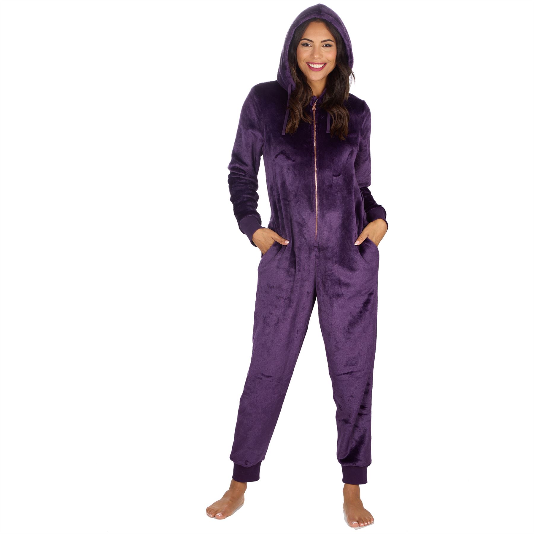 Ladies Fleece 1Onezie Soft Polished Hooded All In One Zip Jumpsuit Loungewear - Picture 4 of 13