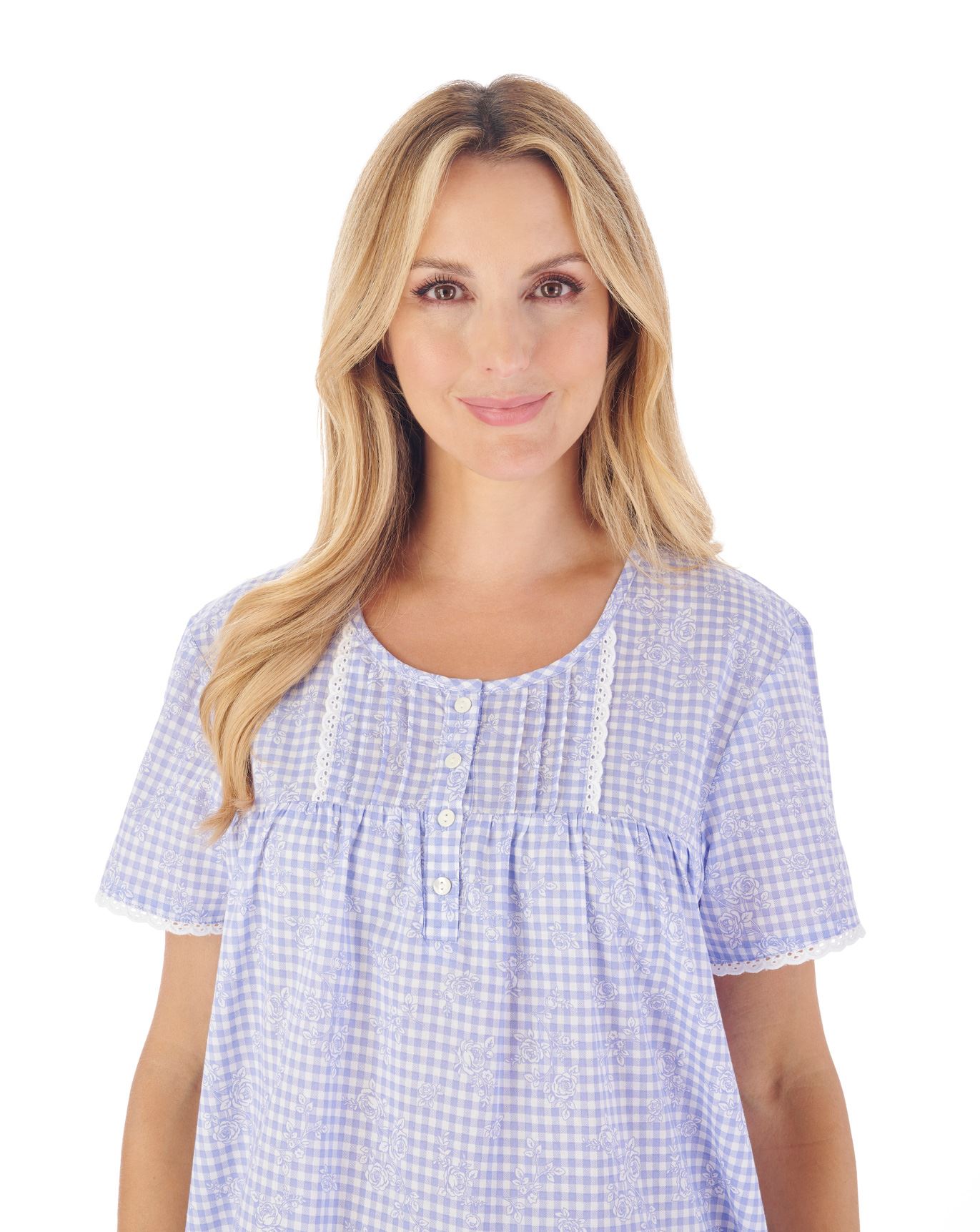 Slenderella Cotton Nightie Ladies Gingham Floral Woven Short Sleeve Nightdress - Picture 3 of 5