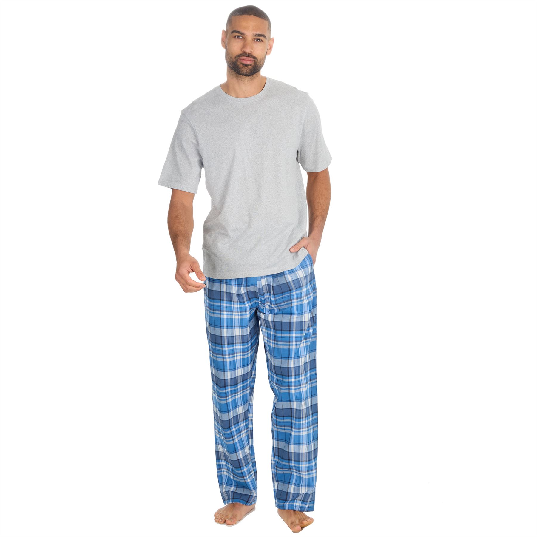 Mens Pyjamas Jersey Top Long Woven Check Pants Lounge Pyjama Set Pjs Nightwear - Picture 23 of 28