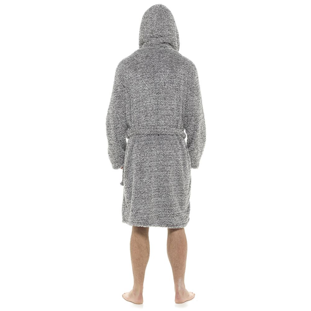 Mens Hooded Dressing Gown Soft Fleece Two Tone Wrap Housecoat Robe