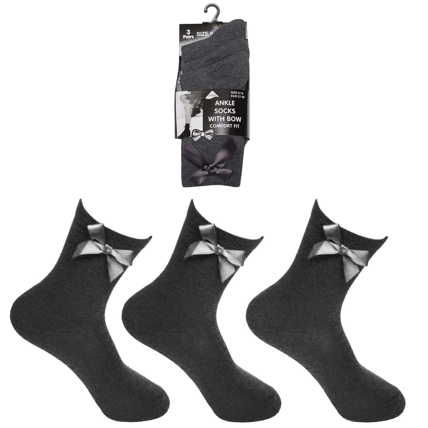 Cotton Rich Ankle Socks with Bow Black, White, Navy or Grey - Picture 7 of 9