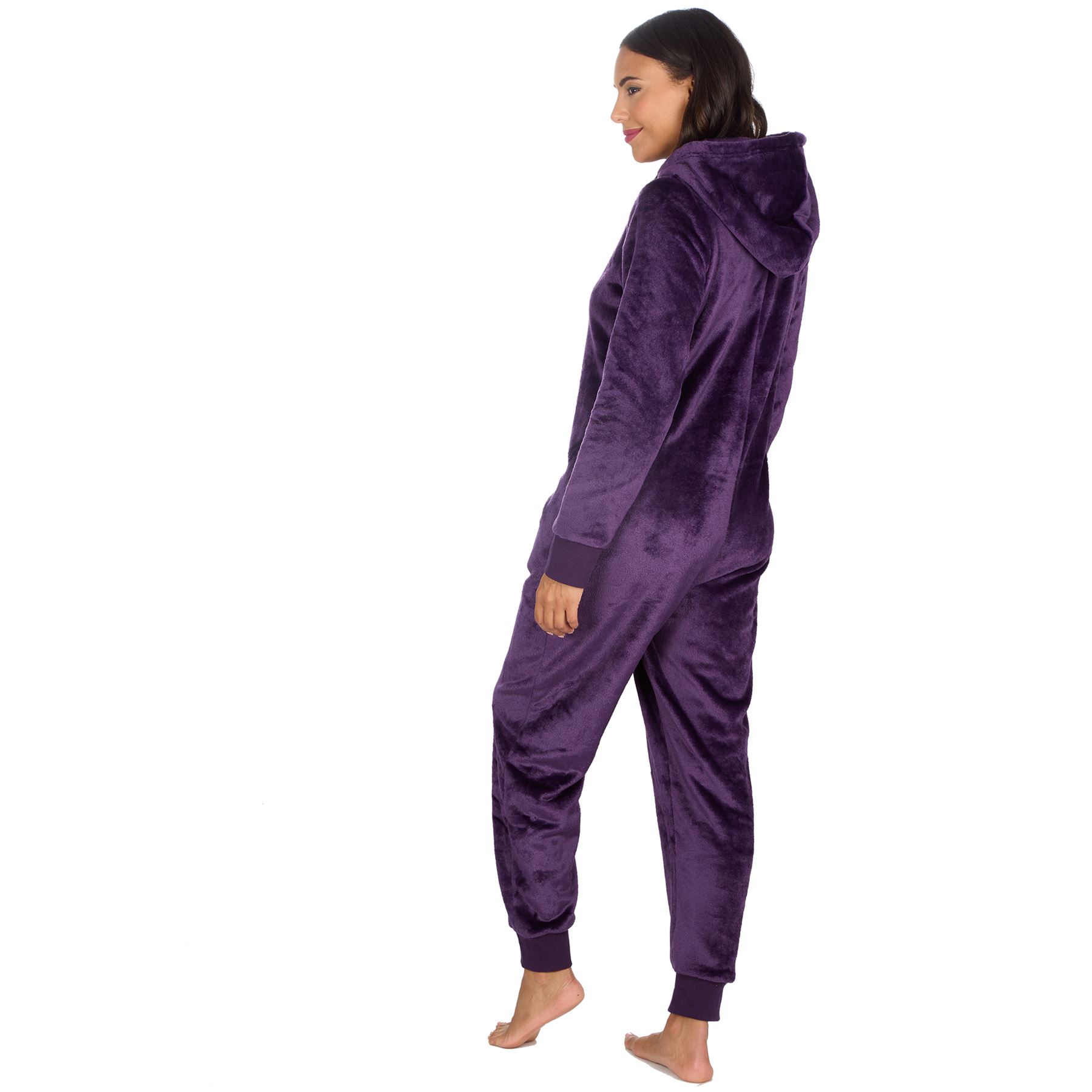 Ladies Fleece 1Onezie Soft Polished Hooded All In One Zip Jumpsuit Loungewear - Picture 5 of 13