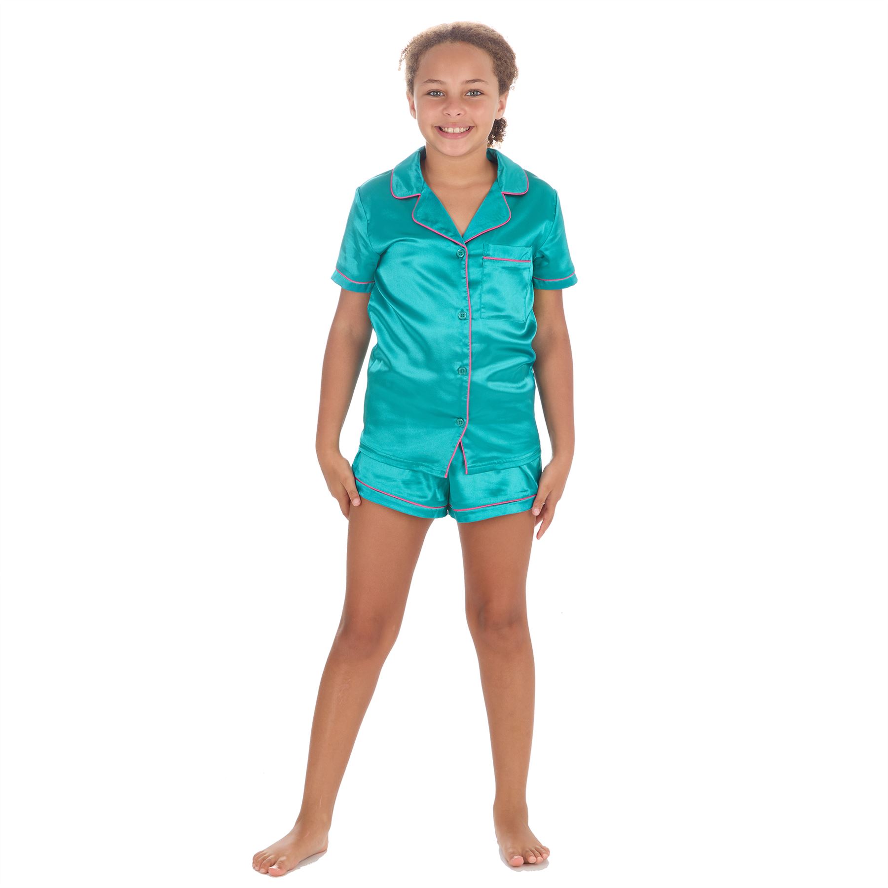Girls Satin Short Pajamas Kids Short Sleeve Button Pajama Set PJs Nightwear - Picture 5 of 7