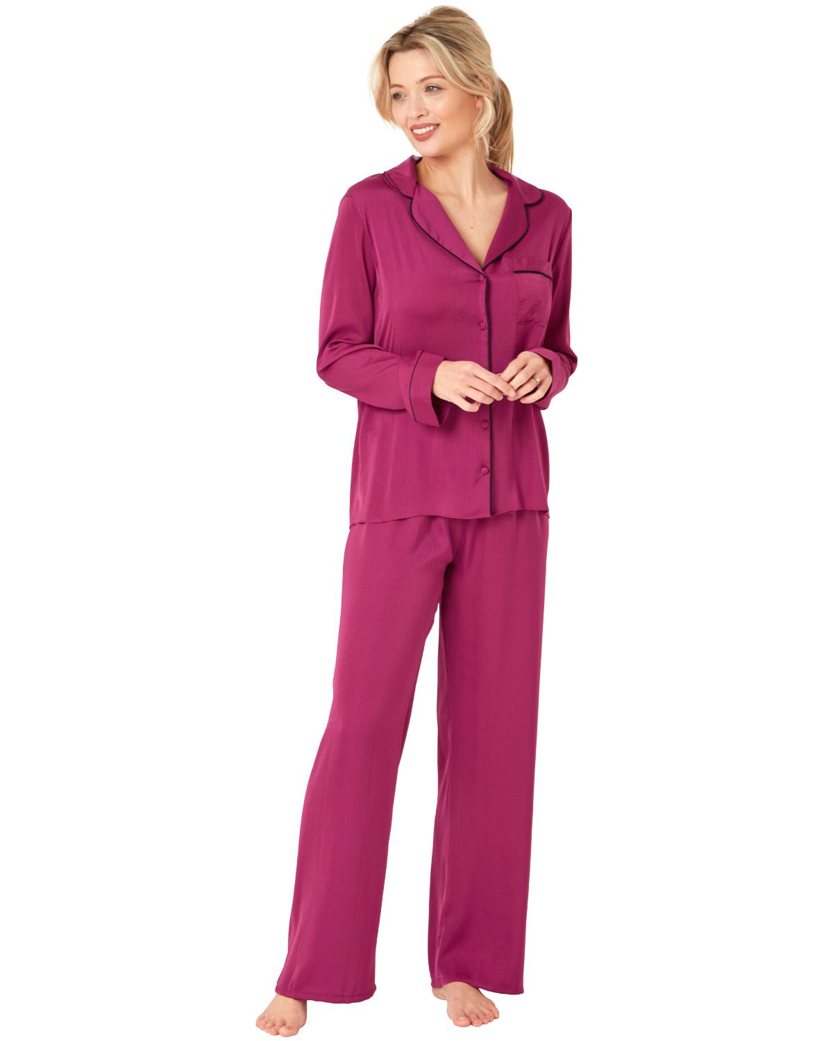 Ladies Satin Long Pajamas Button Through Silky Pajama Set PJ Nightwear - Picture 14 of 18