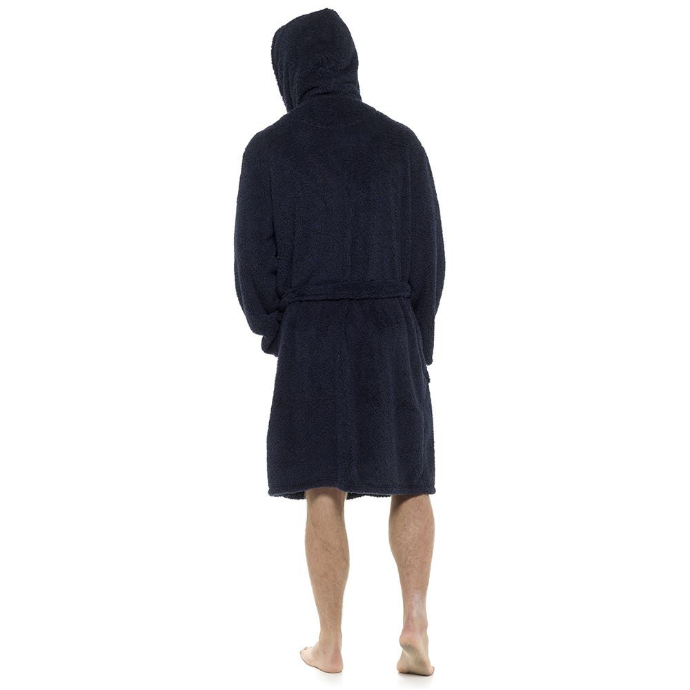 Mens Hooded Dressing Gown Soft Fleece Two Tone Wrap Housecoat Robe