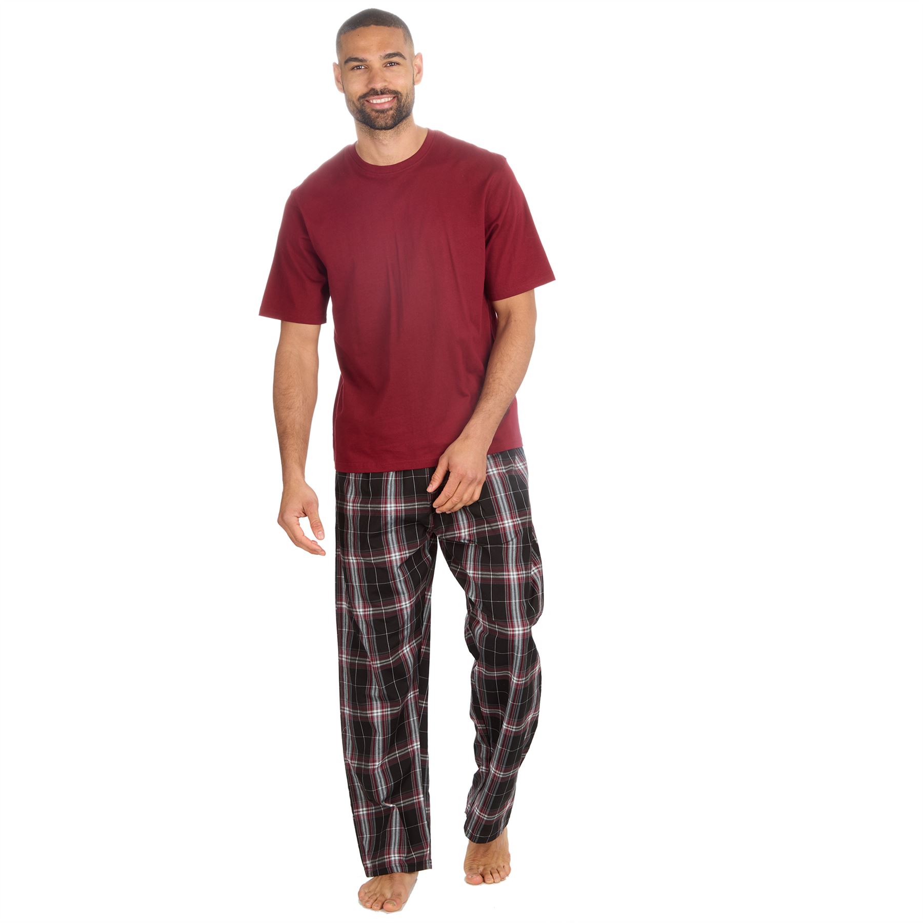 Mens Pyjamas Jersey Top Long Woven Check Pants Lounge Pyjama Set Pjs Nightwear - Picture 10 of 28