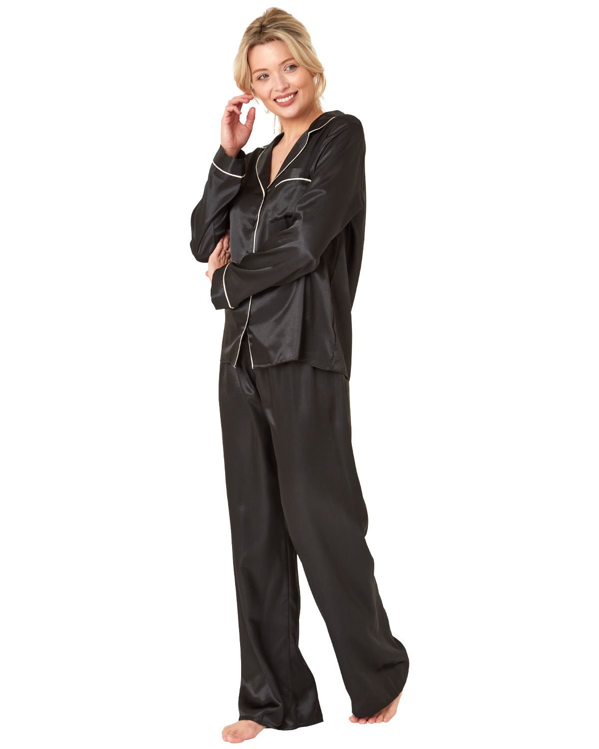 Ladies Satin Long Pajamas Button Through Silky Pajama Set PJ Nightwear - Picture 11 of 18