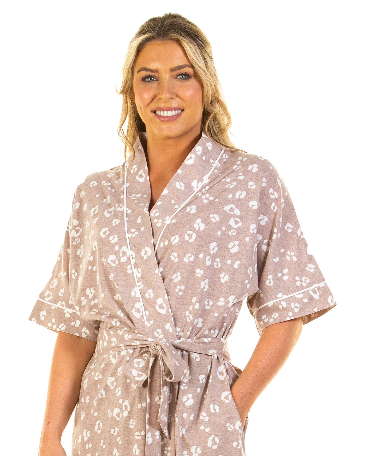 Cotton Rich Wrap Heather Leopard Lightweight Jersey Dressing Gown Robe