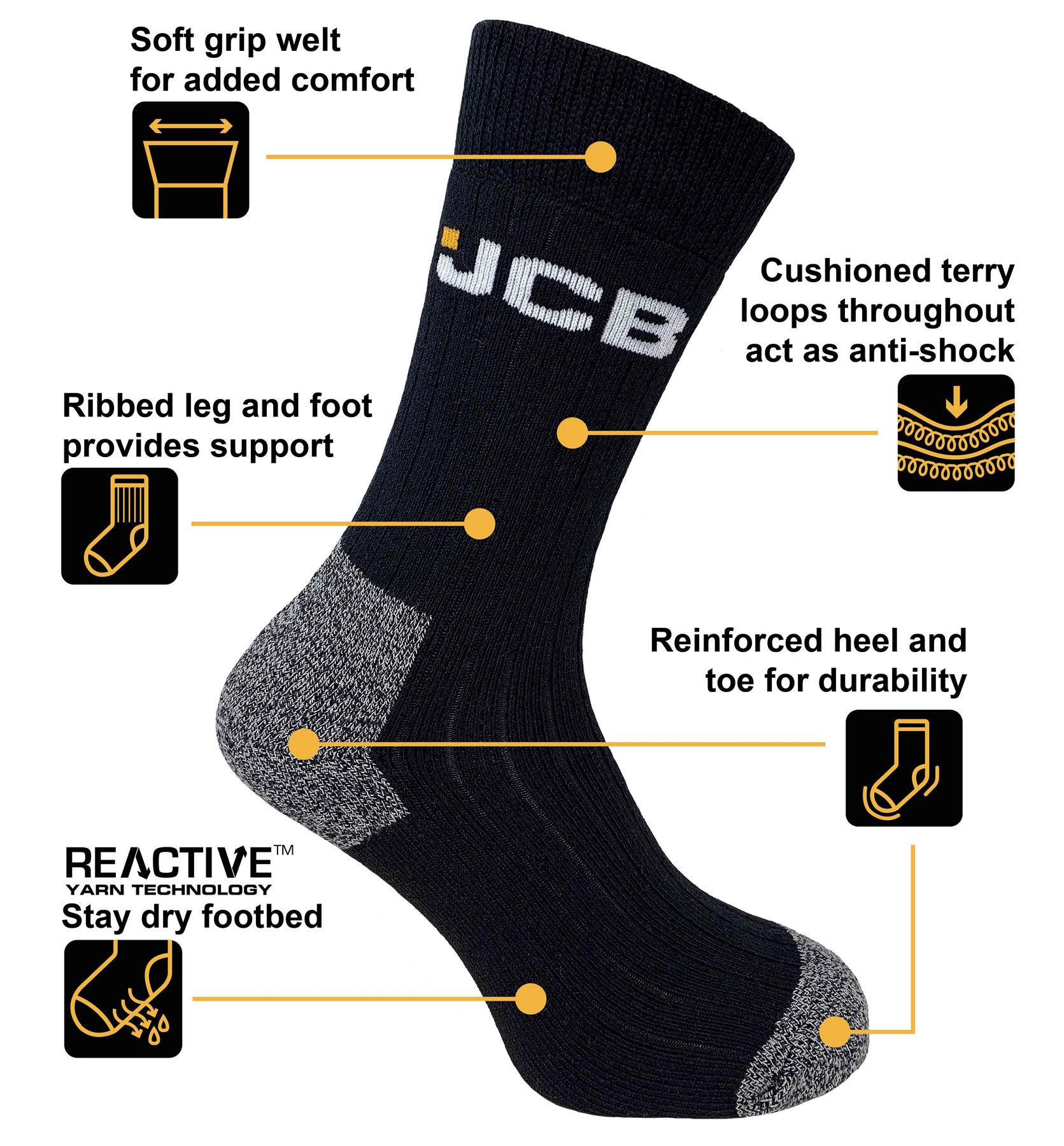 Mens 3 Pack JCB Reinforced Work Boot Cushioned Outdoor Crew Socks UK 6-11