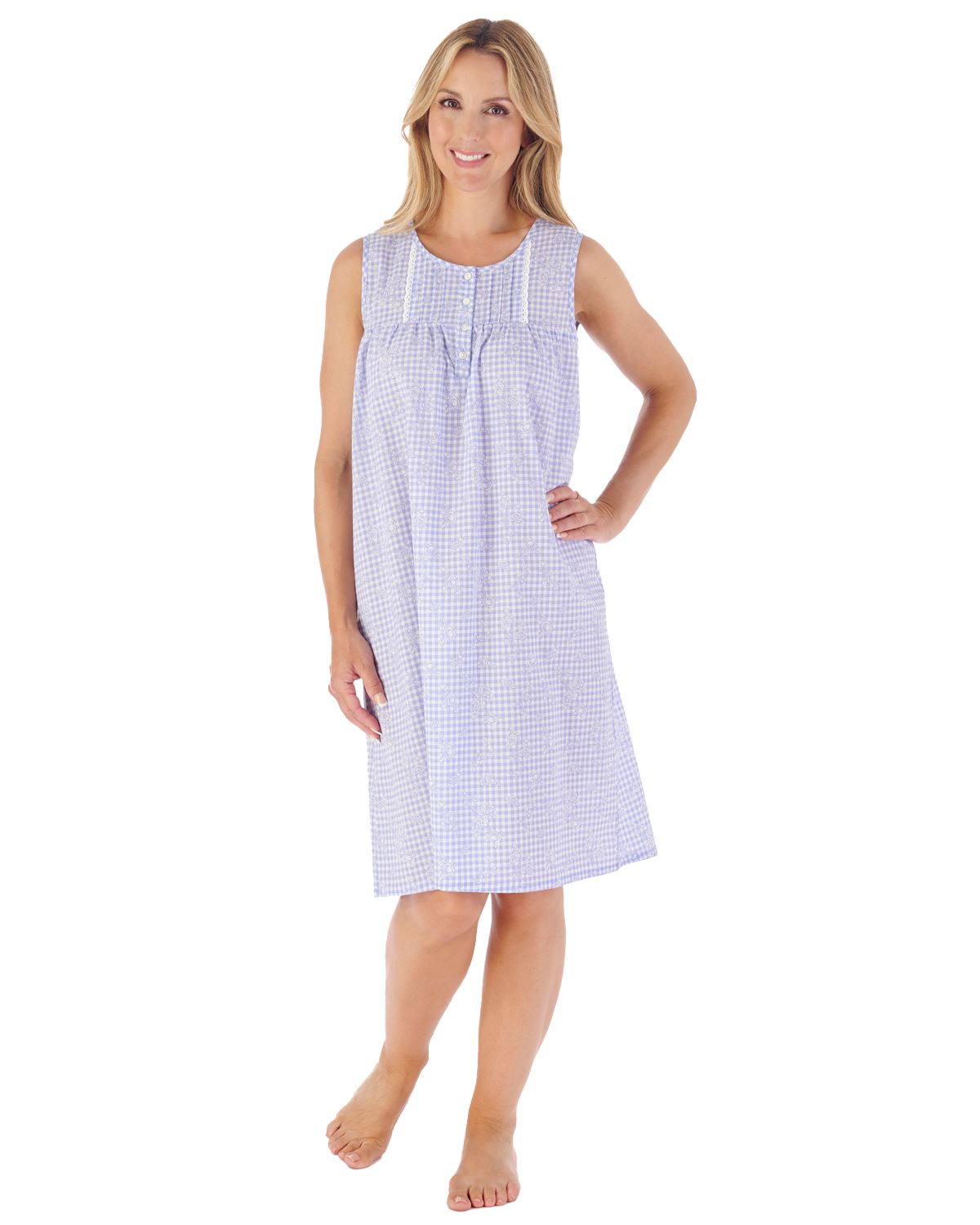 Vestido de noche Slenderella de algodón para damas gingham floral tejido correa ancha - Imagen 2 de 5