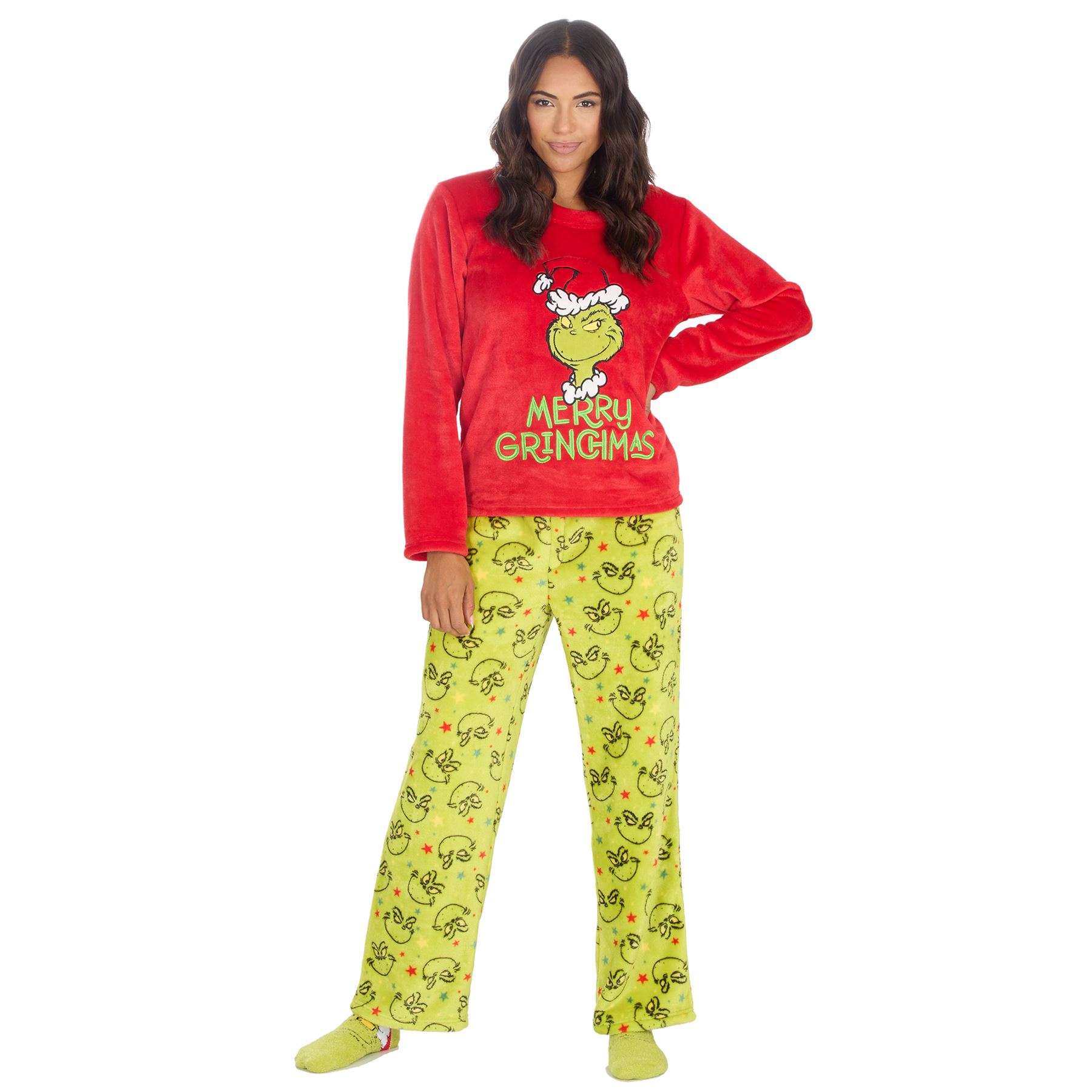 Grinch Fleece Schlafanzug passend Familie Weihnachten Unisex Erwachsene Kinder Pyjama Set - Bild 14 von 22