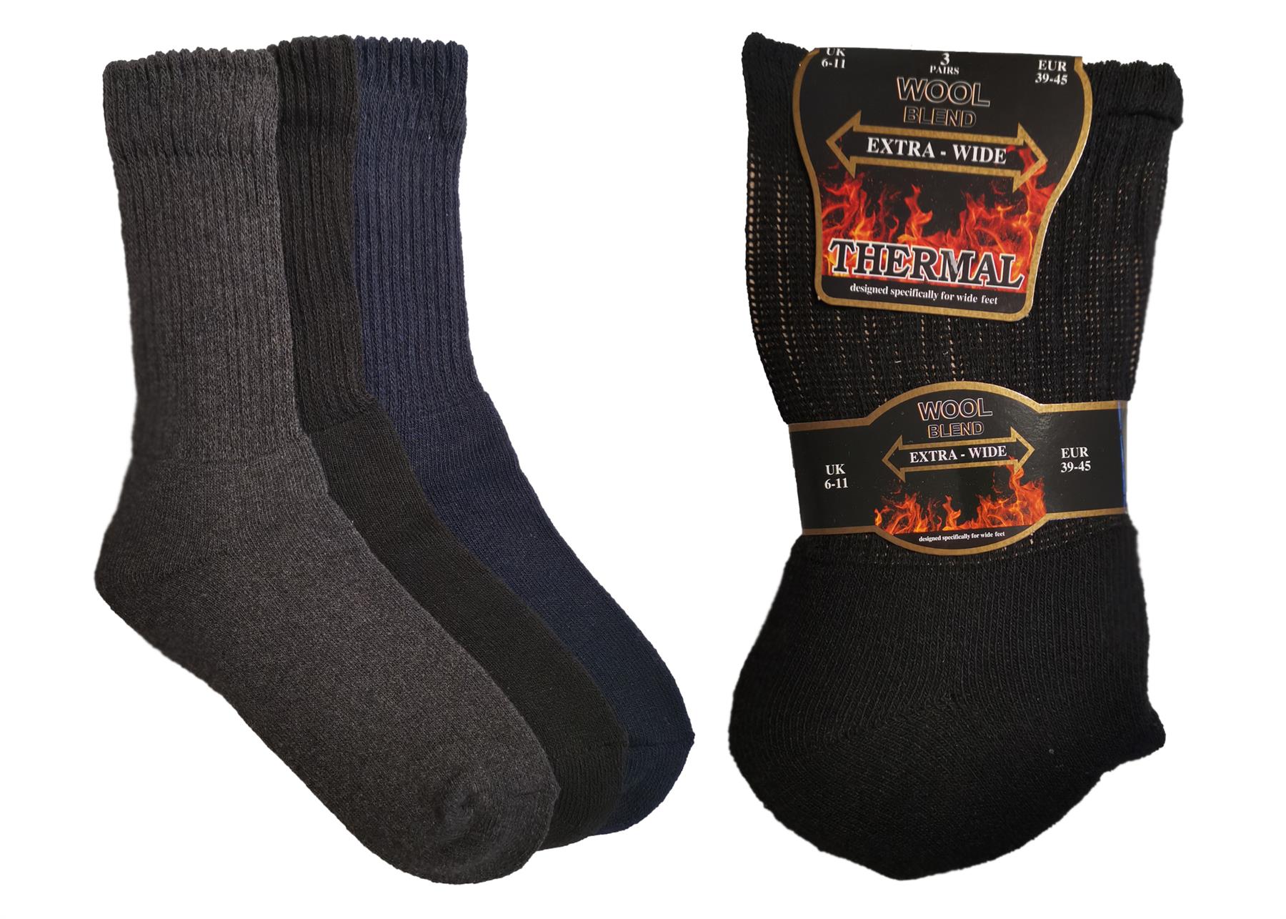 6 Pair Mens Extra Wide Wool Blend Thermal Socks For Wide Feet Black