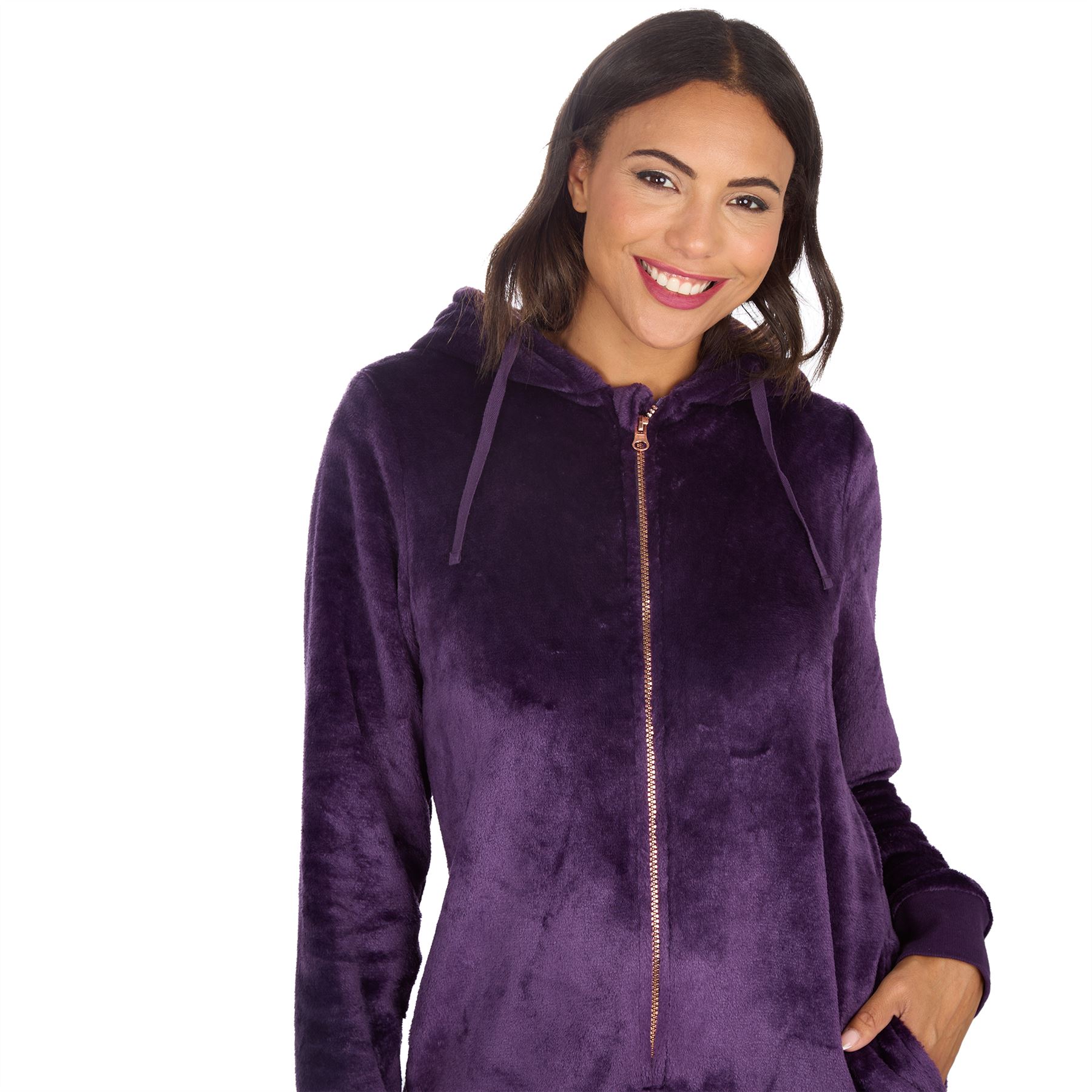 Ladies Fleece 1Onezie Soft Polished Hooded All In One Zip Jumpsuit Loungewear - Picture 6 of 13