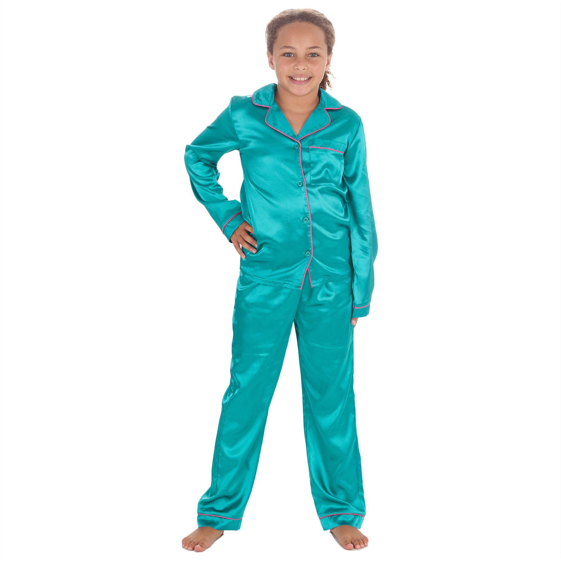 Girls Satin Long Pajamas Kids Long Sleeve Button Pajama Set PJs Nightwear - Picture 6 of 8