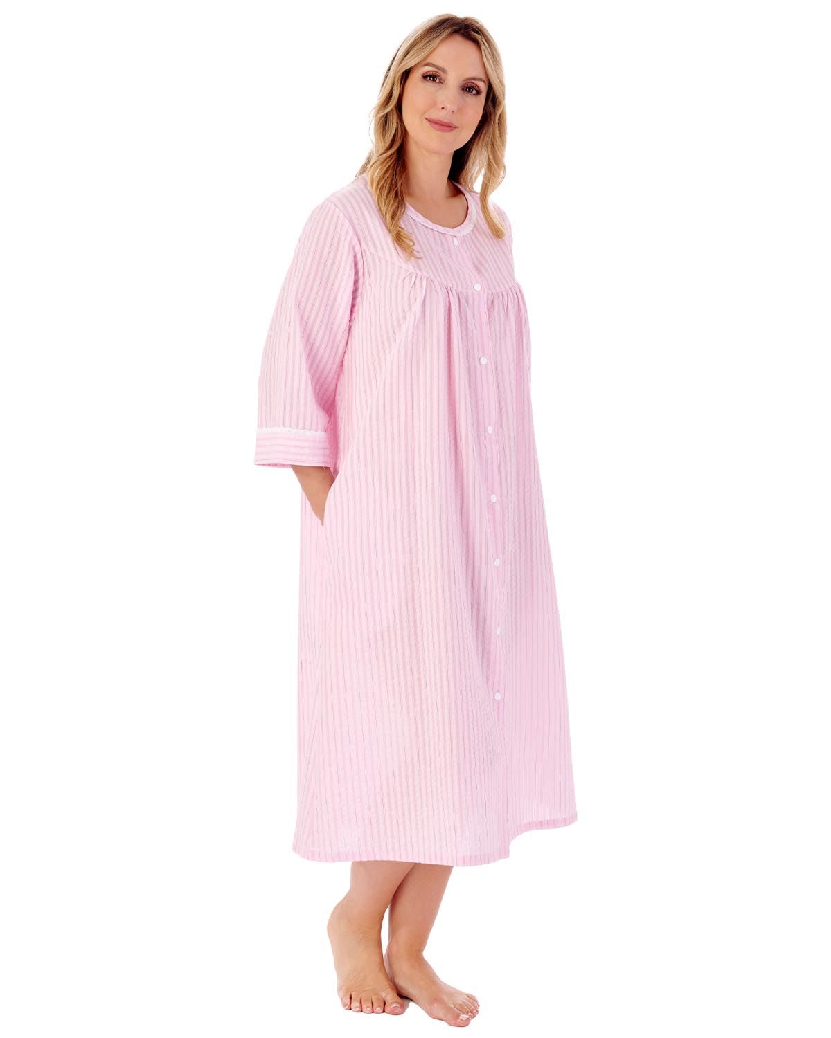 Slenderella Seersucker Robe 45" Stripe Lightweight Summer Popper Dressing Gown