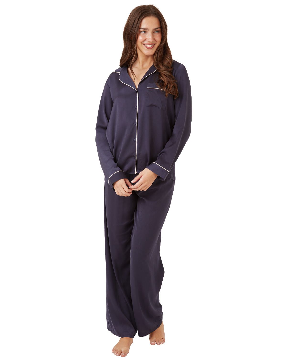 Ladies Satin Long Pajamas Button Through Silky Pajama Set PJ Nightwear - Picture 16 of 18