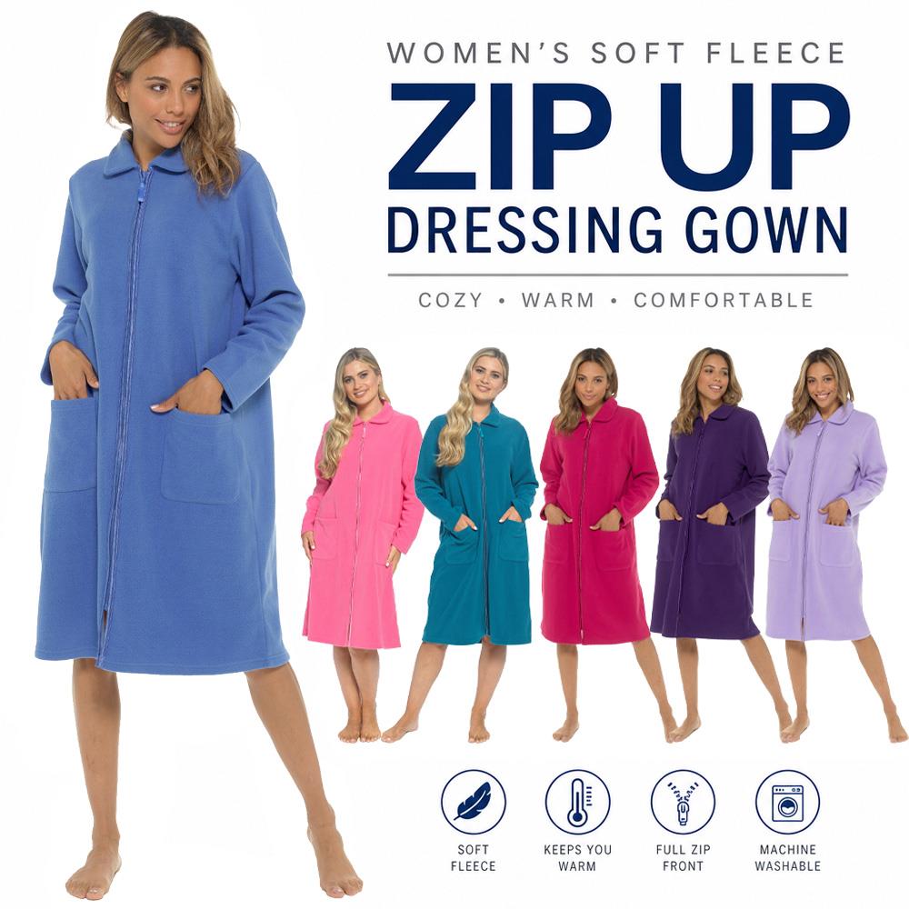 ladies zip front fleece dressing gown Slumber Hut Zipper Robe Nightwear back_in_stock_uk
