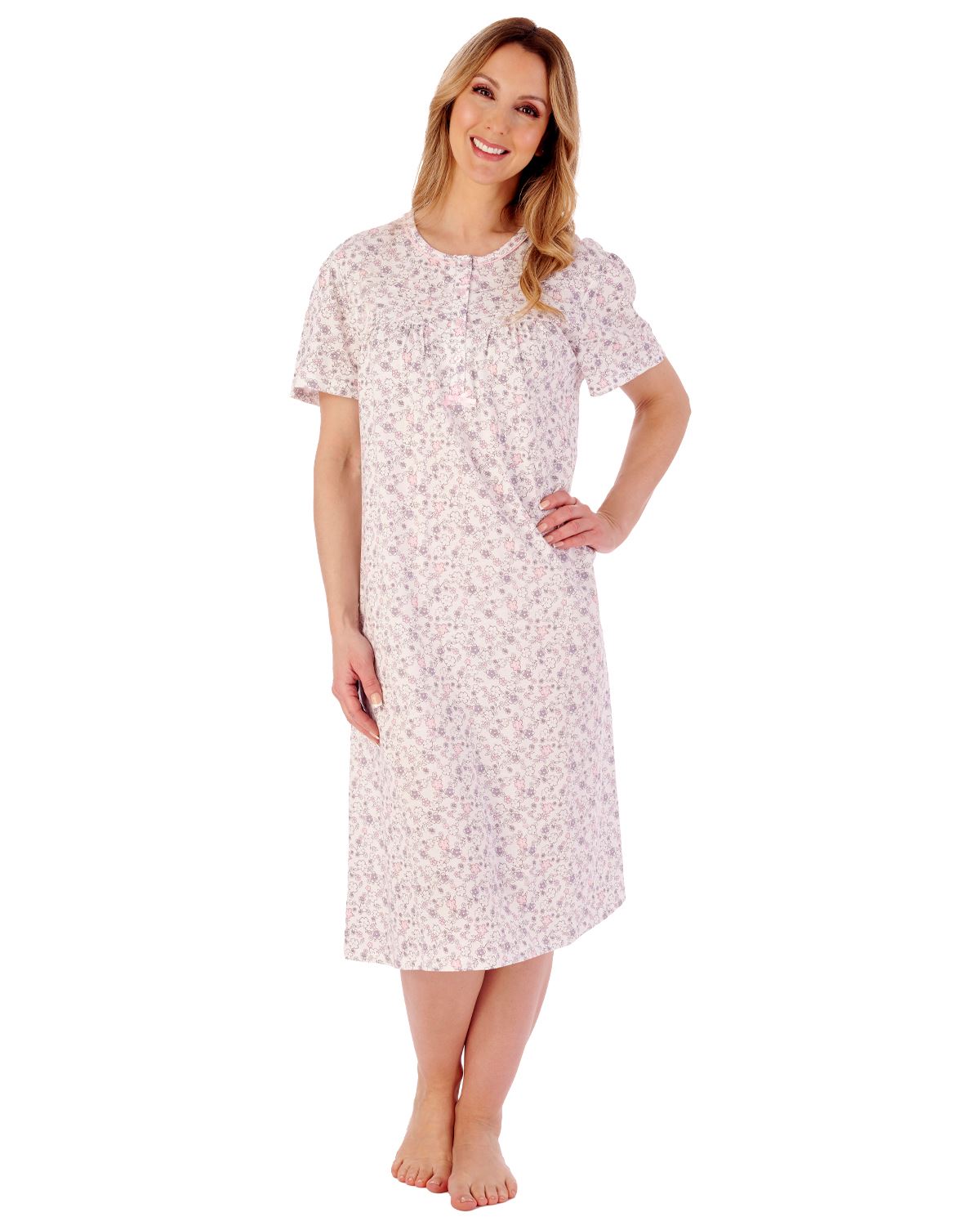 Slenderella Cotton Nightie 42" Short Sleeve Ditsy Floral Jersey Nightdress - Picture 5 of 10