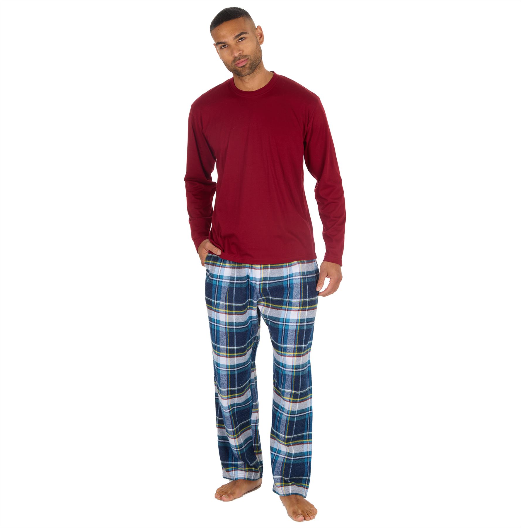 Mens Pyjama Set Adults Jersey & Flannel Cotton Blend Long Sleeve Lounge Pyjamas - Picture 8 of 25