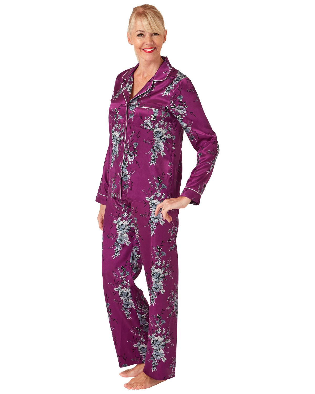 Ladies Satin Long Pajamas Button Through Silky Pajama Set PJ Nightwear - Picture 12 of 18