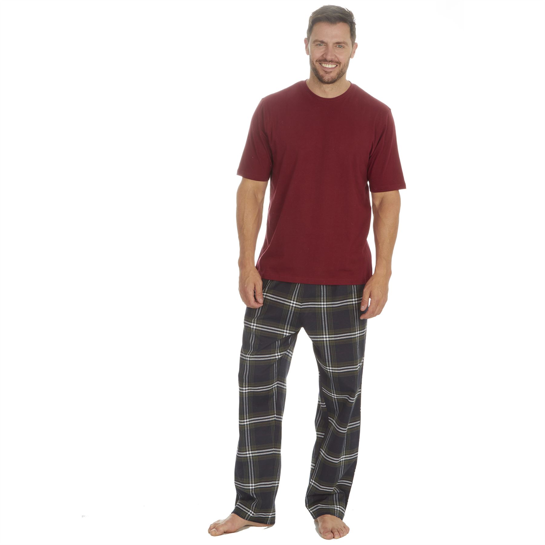 Mens Pyjamas Jersey Top Long Woven Check Pants Lounge Pyjama Set Pjs Nightwear - Picture 9 of 28