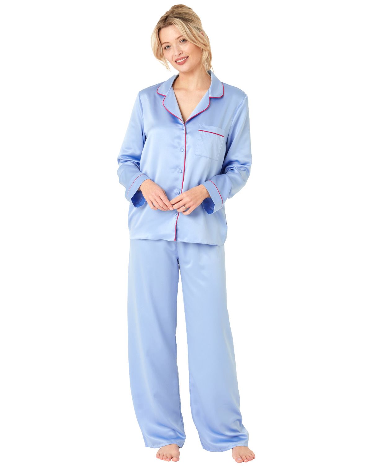 Ladies Satin Long Pajamas Button Through Silky Pajama Set PJ Nightwear - Picture 7 of 18