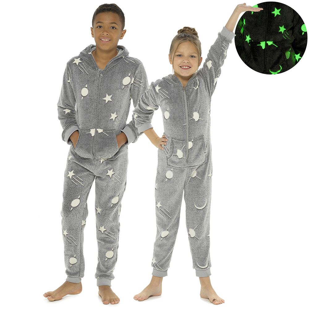 Glow In The Dark 1Onezie Kids Boys Girls Hooded All In One Zip Sleepsuit - Picture 7 of 22