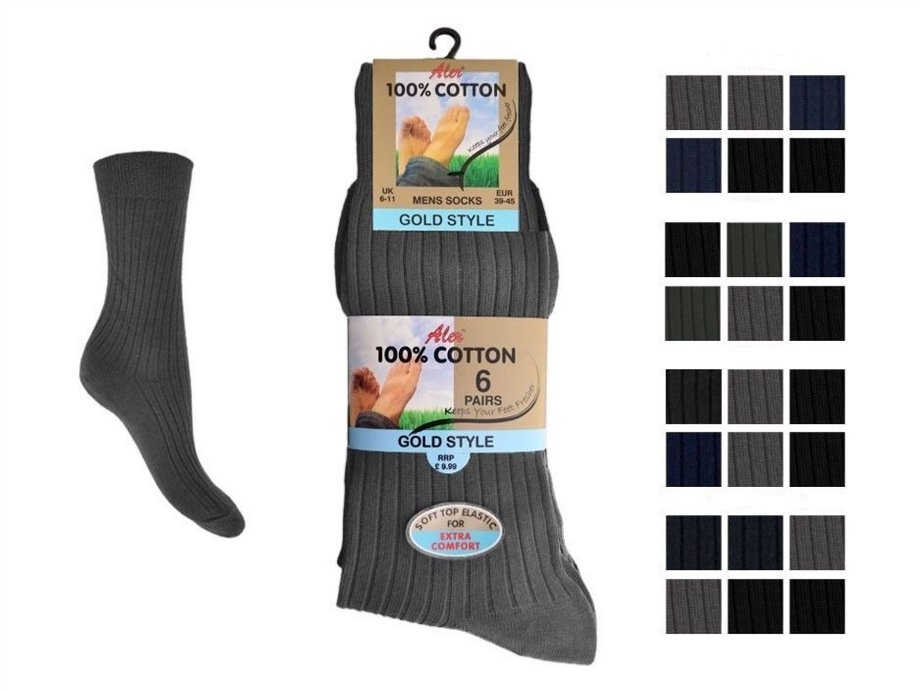 Mens Aler 6pk Cotton Ribbed Soft Loose Grip Top Casual Formal Business Socks 6pk