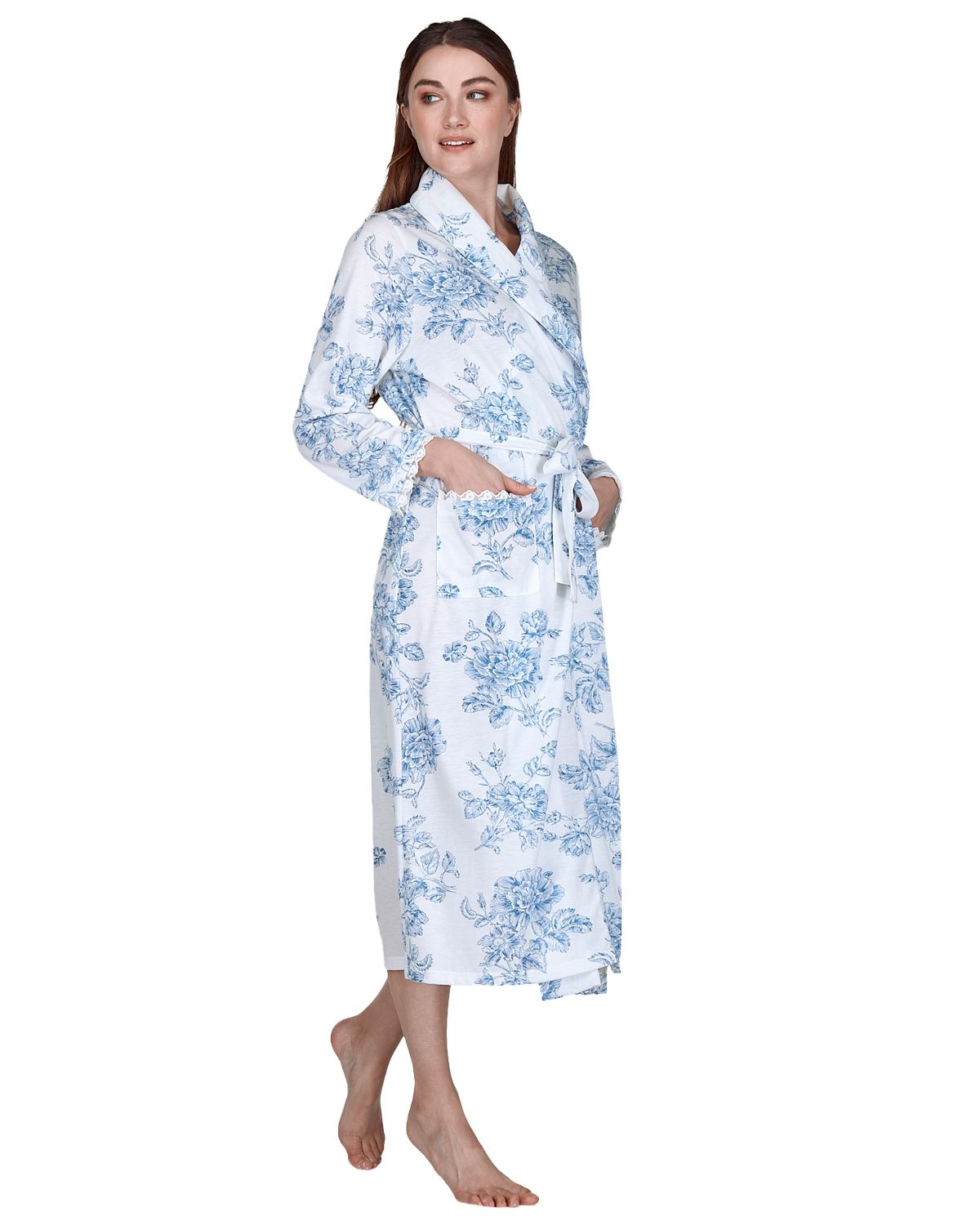 Damen Jersey Blumen Morgenmantel Vintage Print Cotton Rich Langarm Morgenmantel - Bild 9 von 11