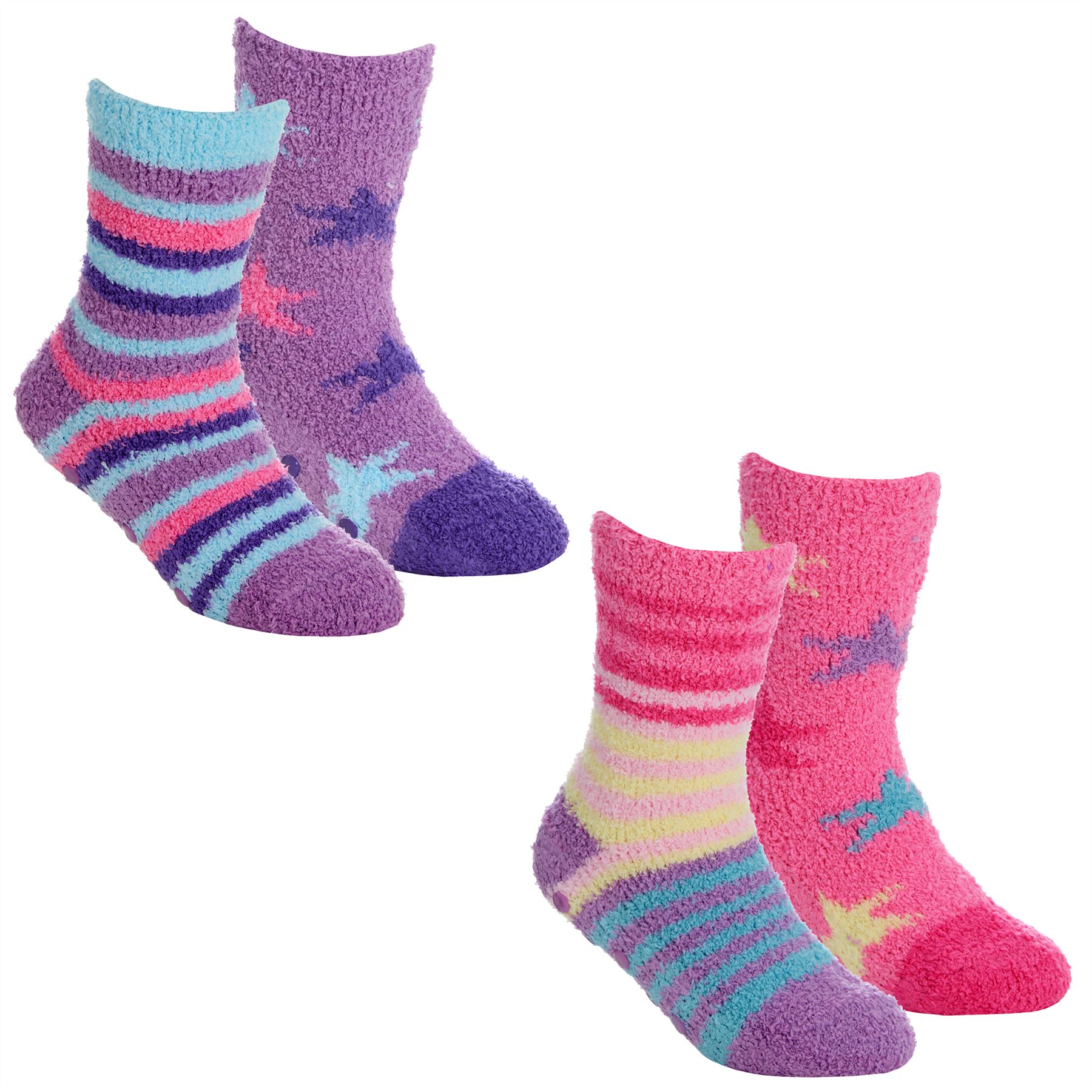 Babies Kids Fluffy Socks Cosy Warm Fuzzy Slipper Bed Sock with Grips (4 Pairs) - Picture 69 of 74