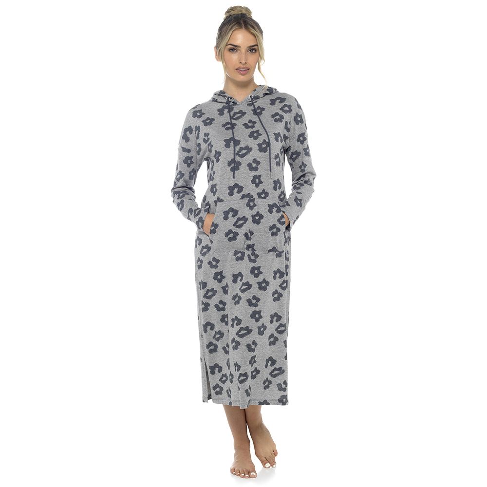 Long Hooded Nightie Soft Jersey Cotton Leopard Print Hood Lounge Nightdress | eBay