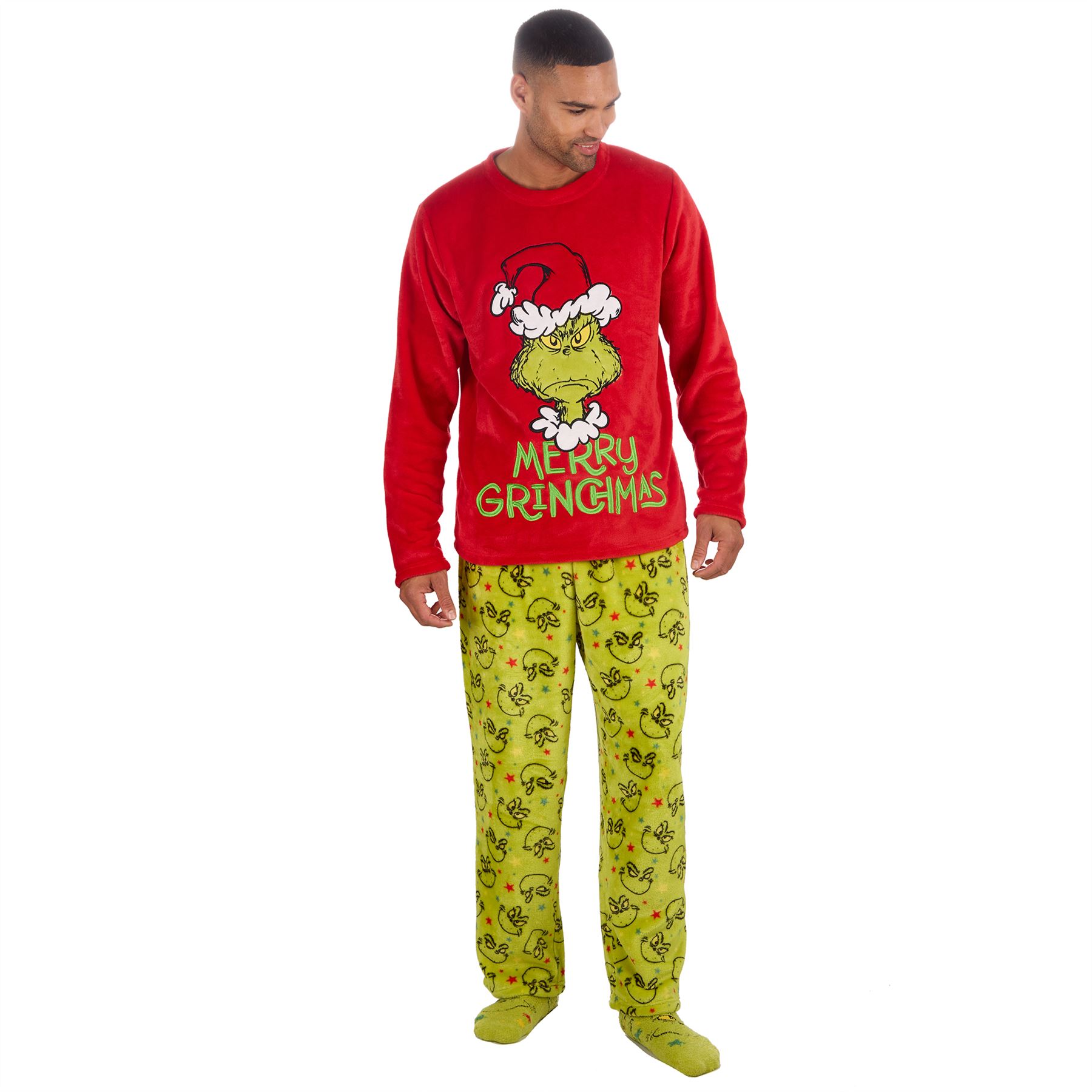 Grinch Fleece Schlafanzug passend Familie Weihnachten Unisex Erwachsene Kinder Pyjama Set - Bild 19 von 22