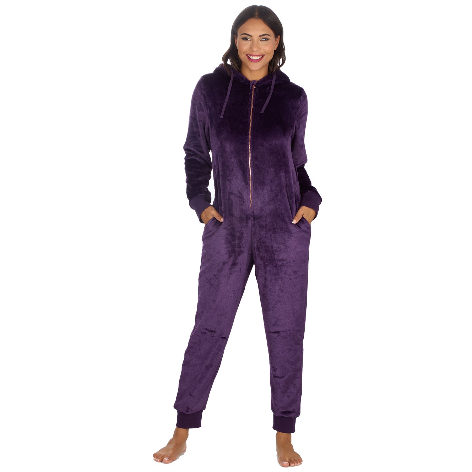 Ladies Fleece 1Onezie Soft Polished Hooded All In One Zip Jumpsuit Loungewear - Picture 2 of 13