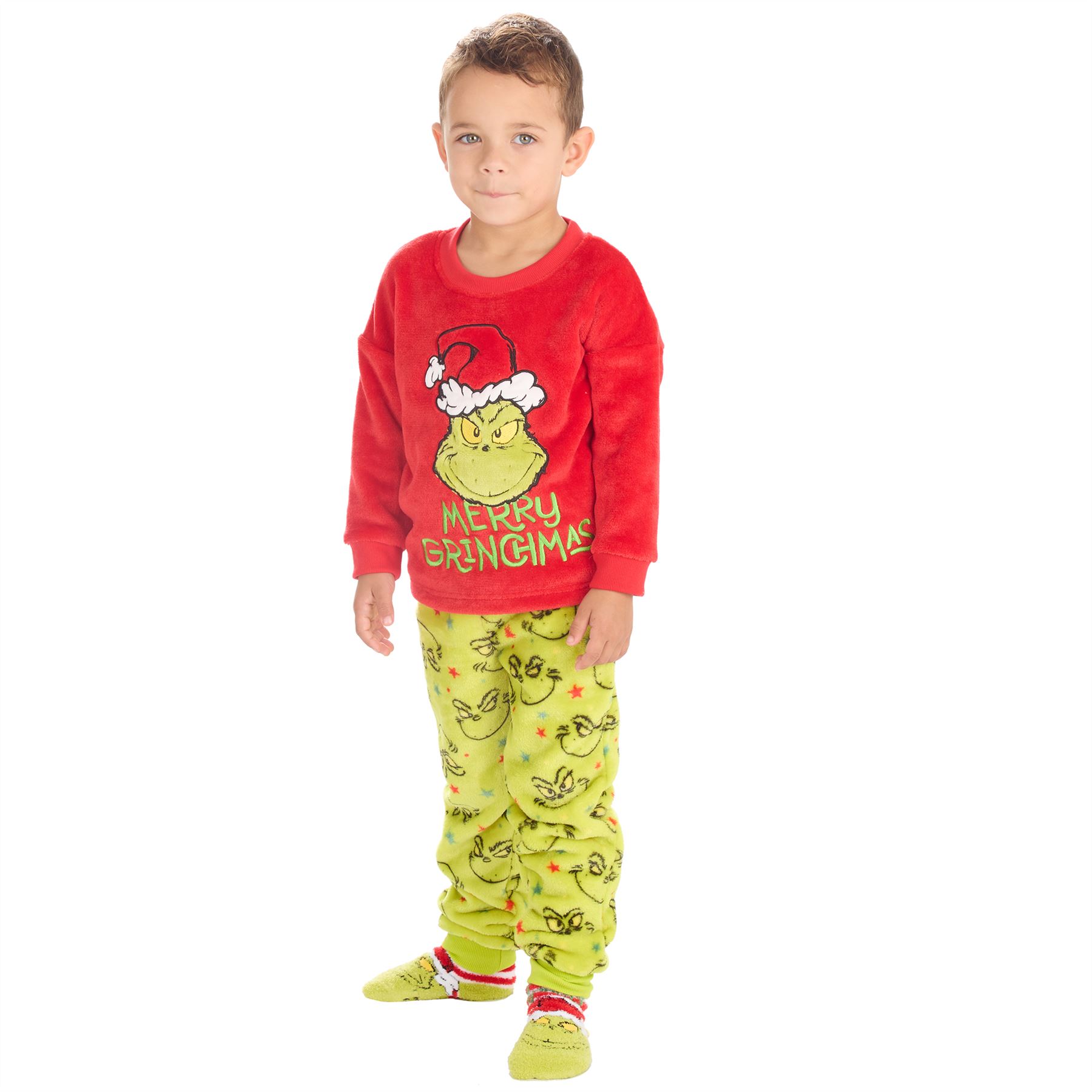 Grinch Fleece Schlafanzug passend Familie Weihnachten Unisex Erwachsene Kinder Pyjama Set - Bild 3 von 22