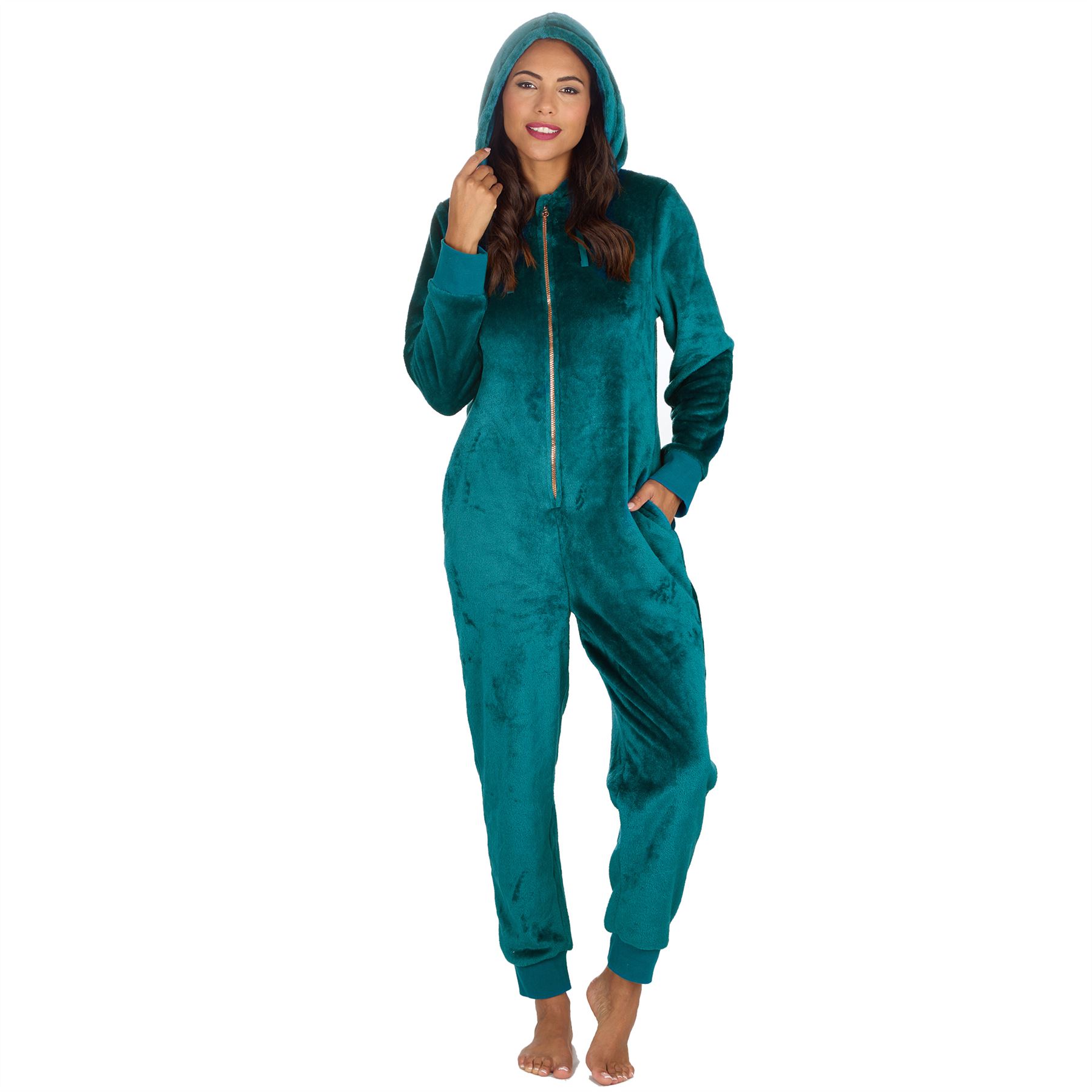 Ladies Fleece 1Onezie Soft Polished Hooded All In One Zip Jumpsuit Loungewear - Picture 11 of 13