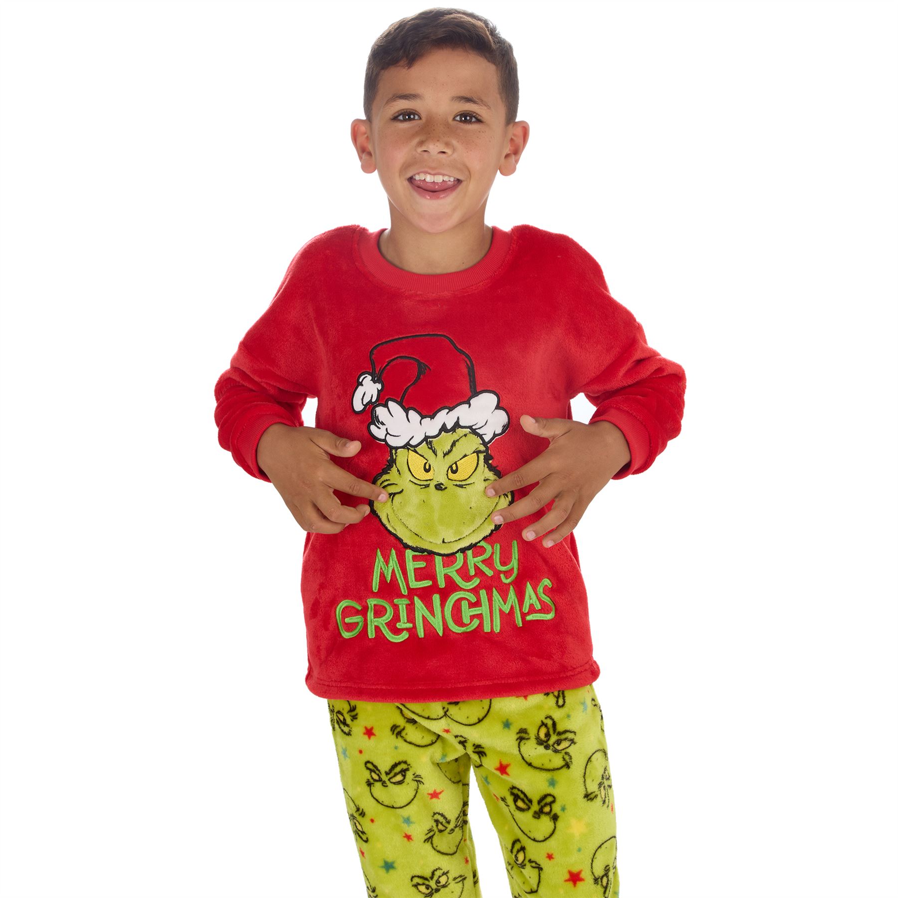 Grinch Fleece Schlafanzug passend Familie Weihnachten Unisex Erwachsene Kinder Pyjama Set - Bild 11 von 22
