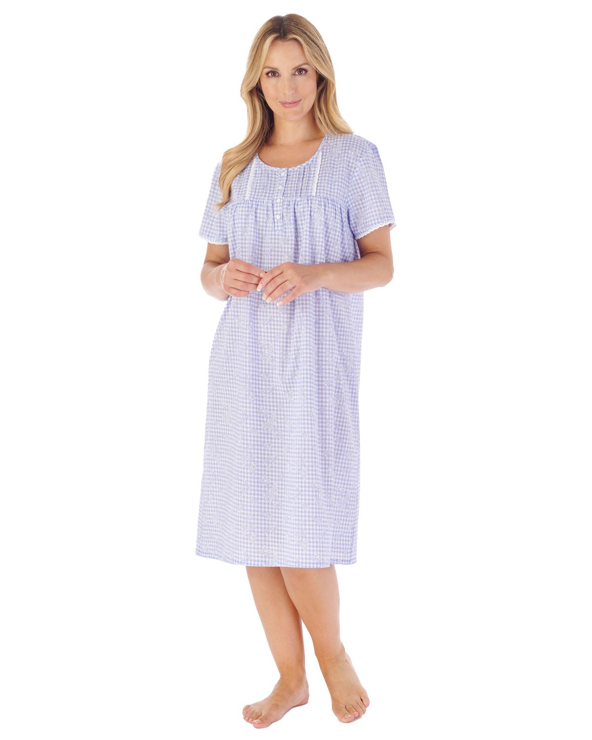 Slenderella Cotton Nightie Ladies Gingham Floral Woven Short Sleeve Nightdress - Picture 2 of 5