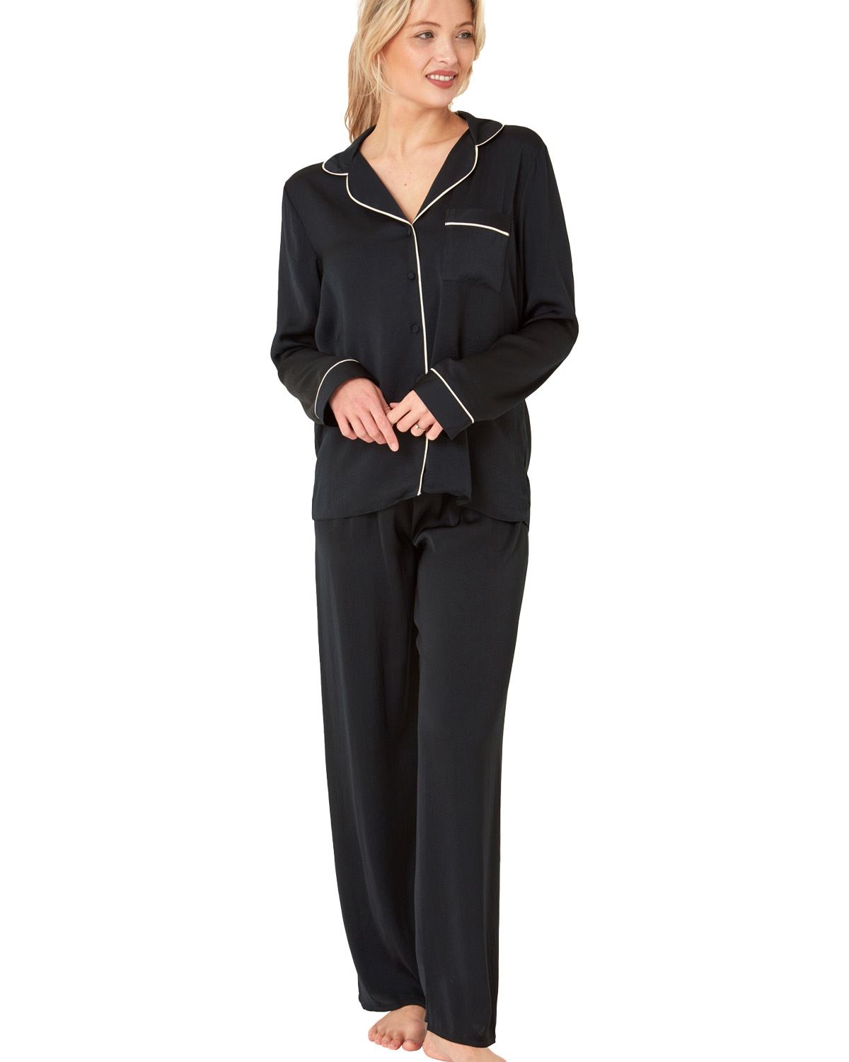 Ladies Satin Long Pajamas Button Through Silky Pajama Set PJ Nightwear - Picture 18 of 18
