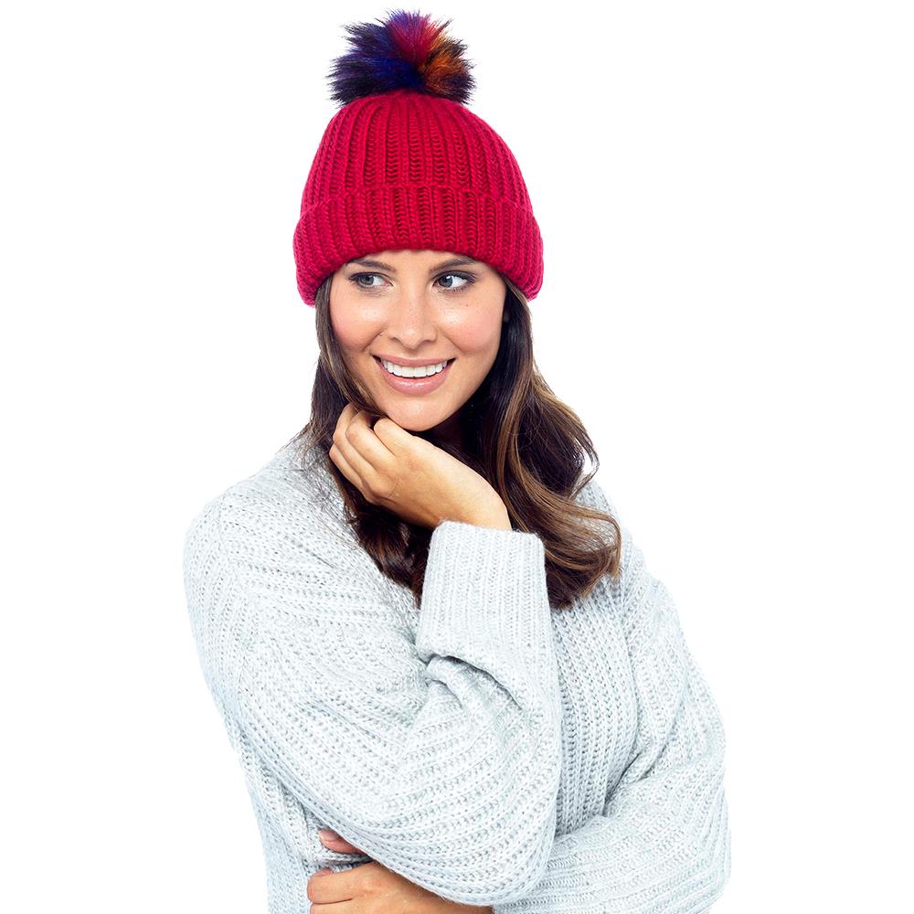 Foxbury Chunky Knit Beanie Hat Ladies Warm Winter Fur Pom Bobble Hats