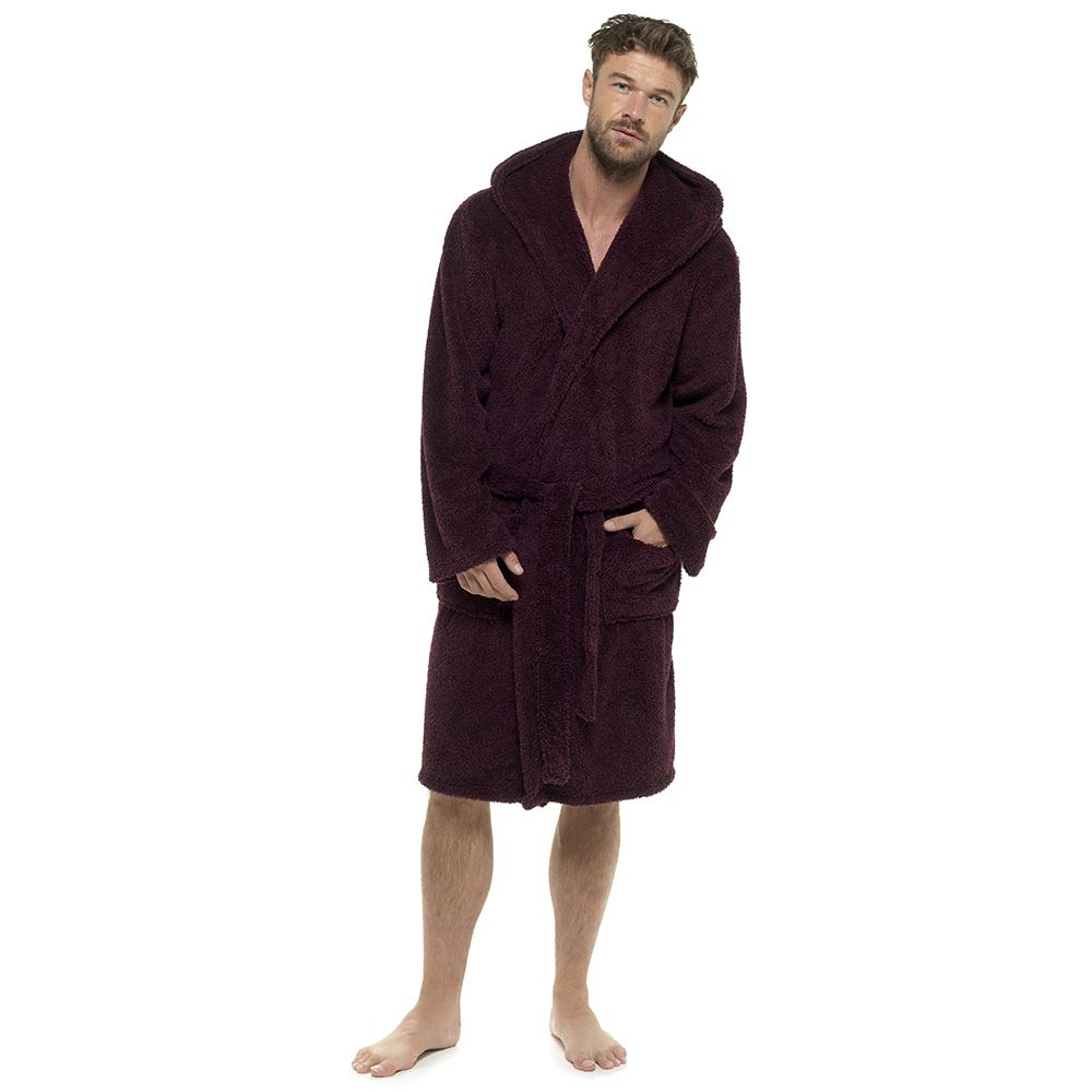 Mens Hooded Dressing Gown Soft Fleece Two Tone Wrap Housecoat Robe Nightwear eBay